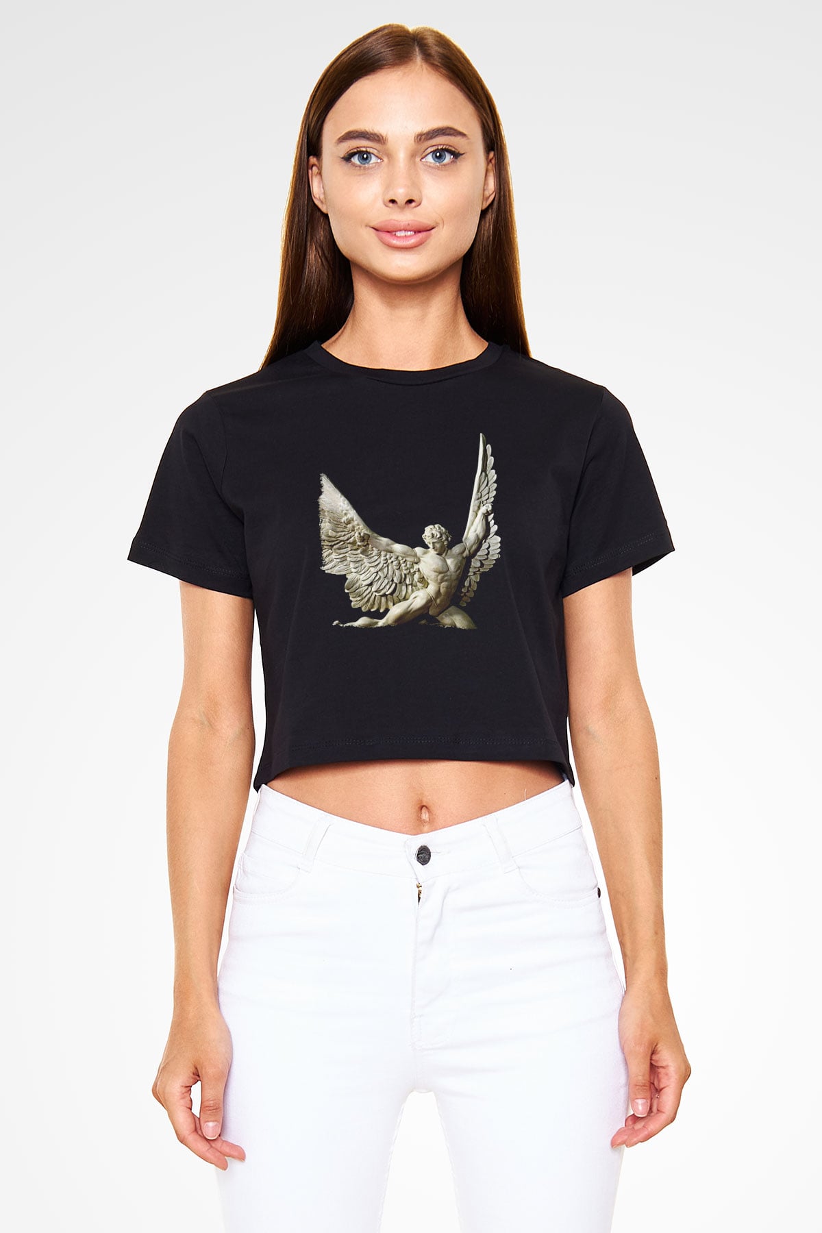 İkarus Baskılı Siyah Crop Top Kadın Tişört - Tshirt