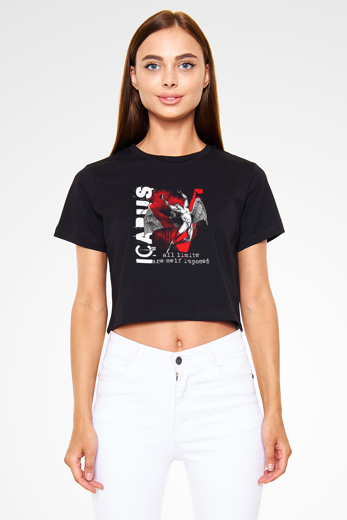 İkarus Baskılı Siyah Crop Top Kadın Tişört - Tshirt