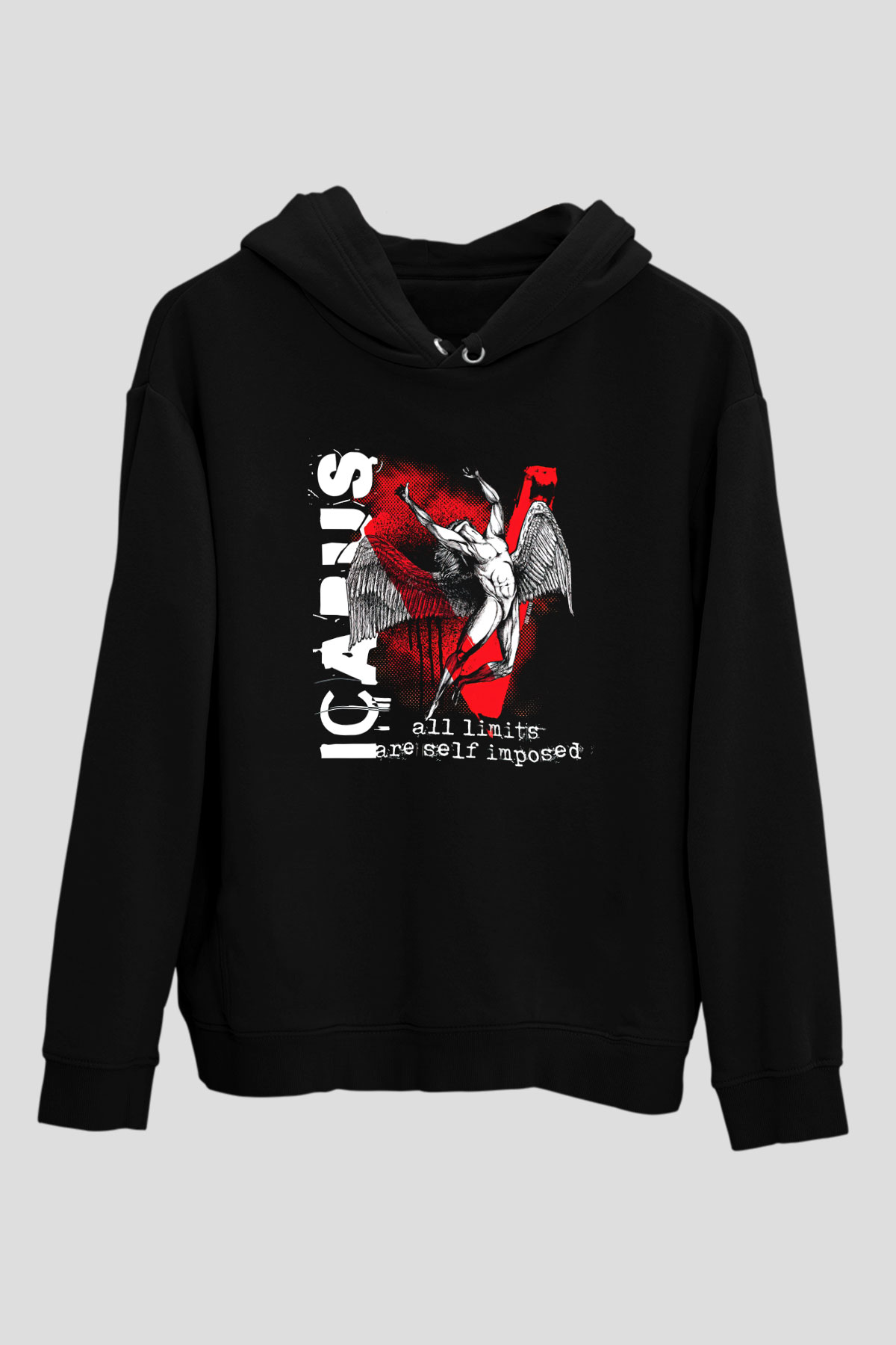 İkarus Baskılı Unisex Siyah Hoodie