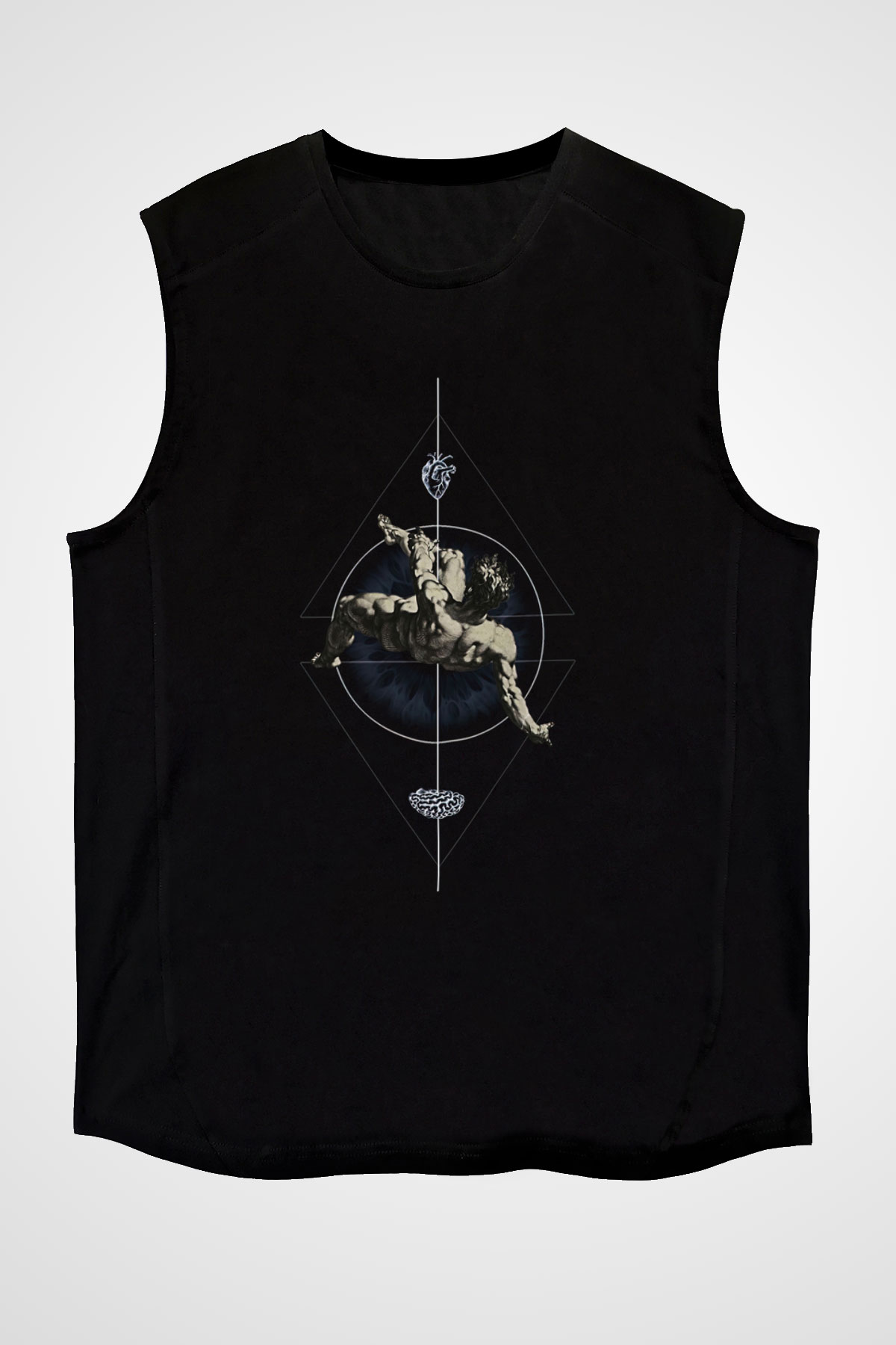 İkarus Baskılı Unisex Siyah Kolsuz Tişört - Tshirt