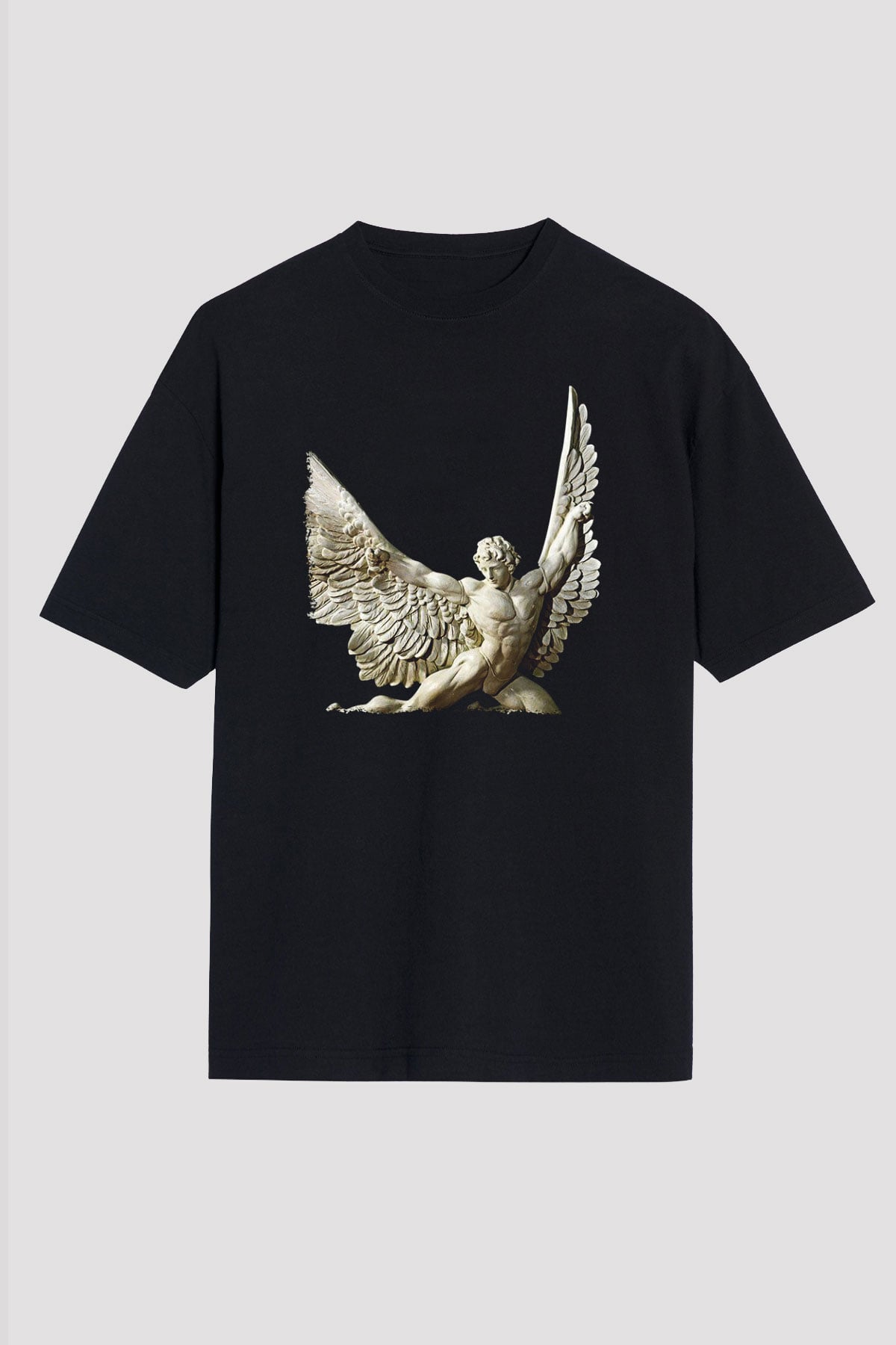 İkarus Baskılı Unisex Siyah Oversize Tişört - Tshirt