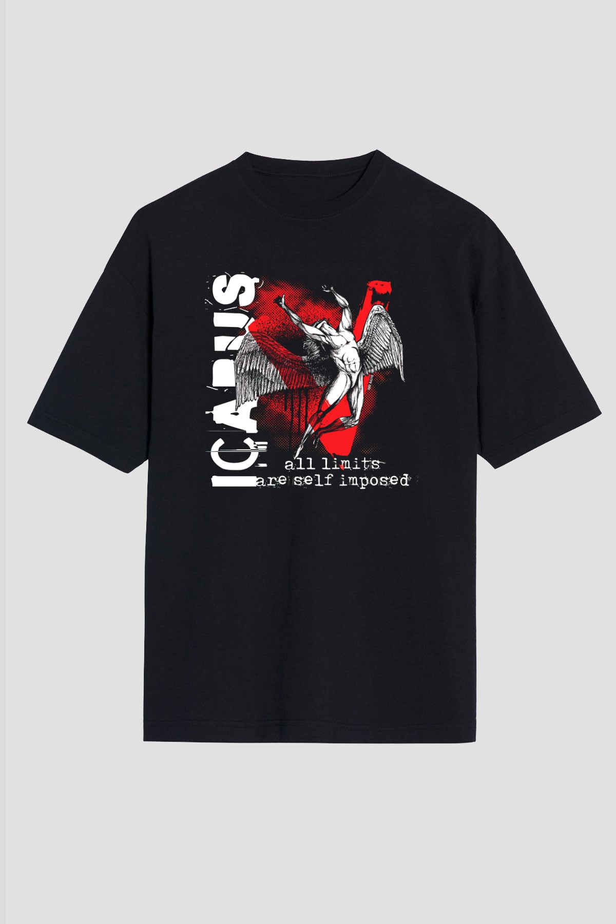 İkarus Baskılı Unisex Siyah Oversize Tişört - Tshirt