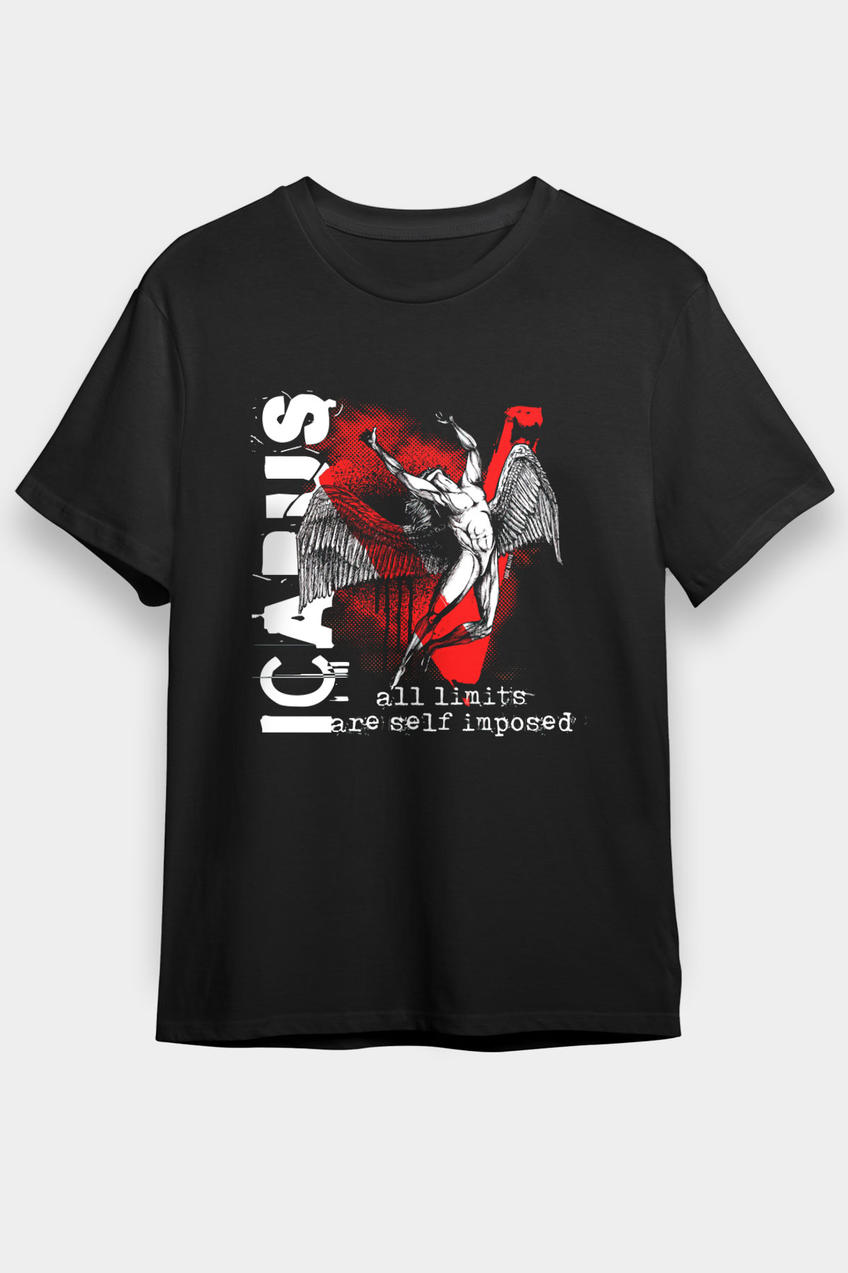 İkarus Baskılı Unisex Siyah Tişört - Tshirt