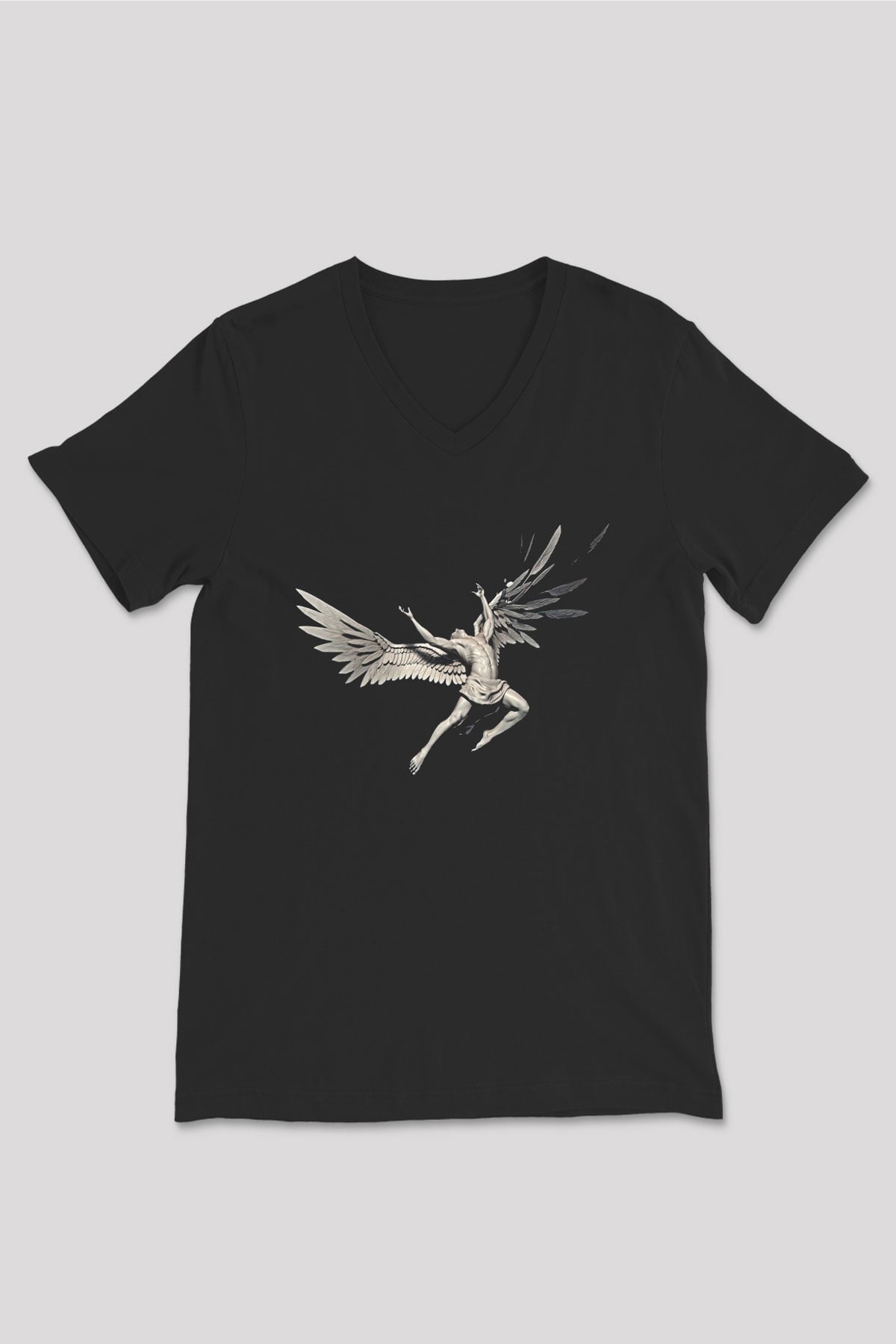 İkarus Baskılı Unisex Siyah V Yaka Tişört - Tshirt