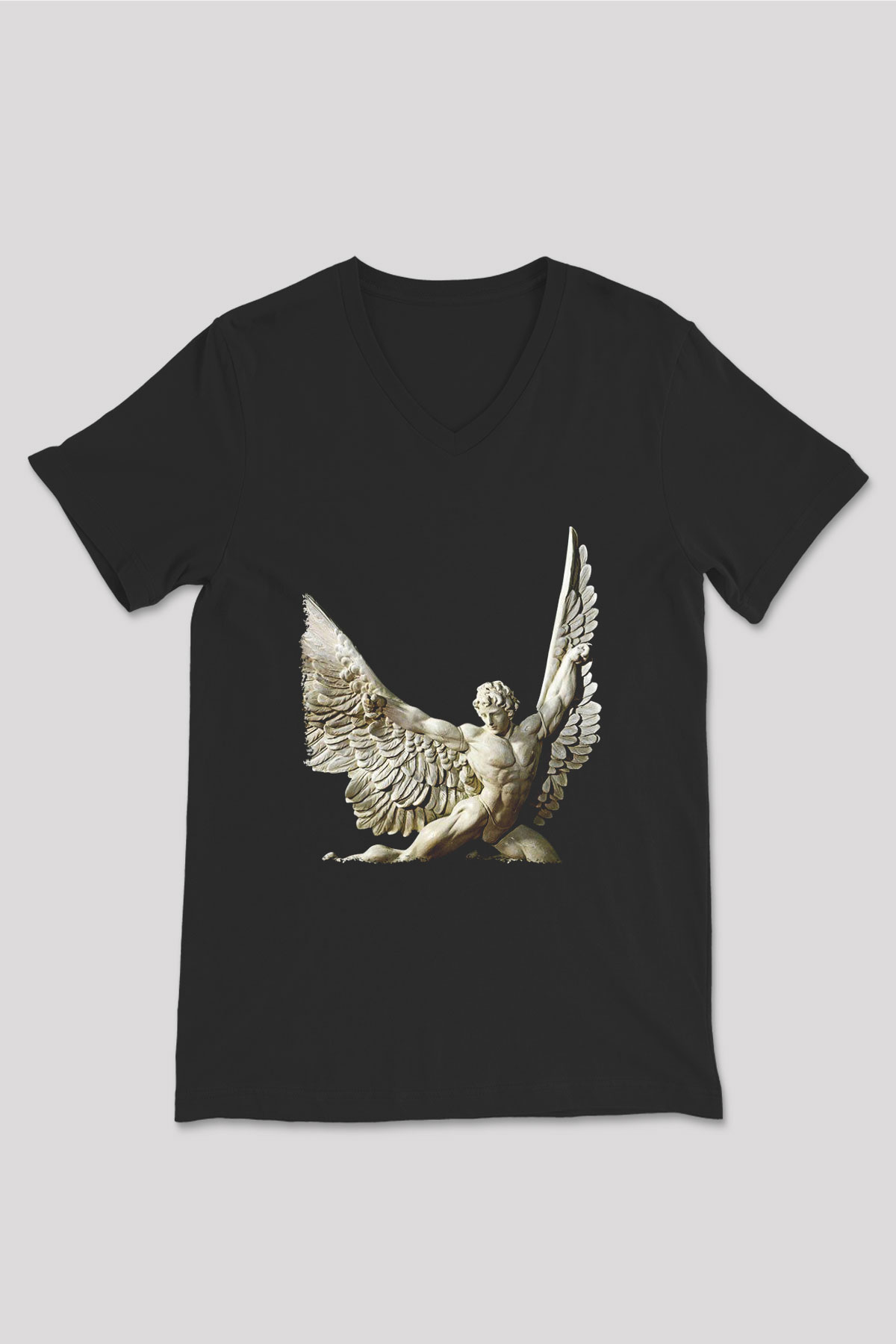 İkarus Baskılı Unisex Siyah V Yaka Tişört - Tshirt