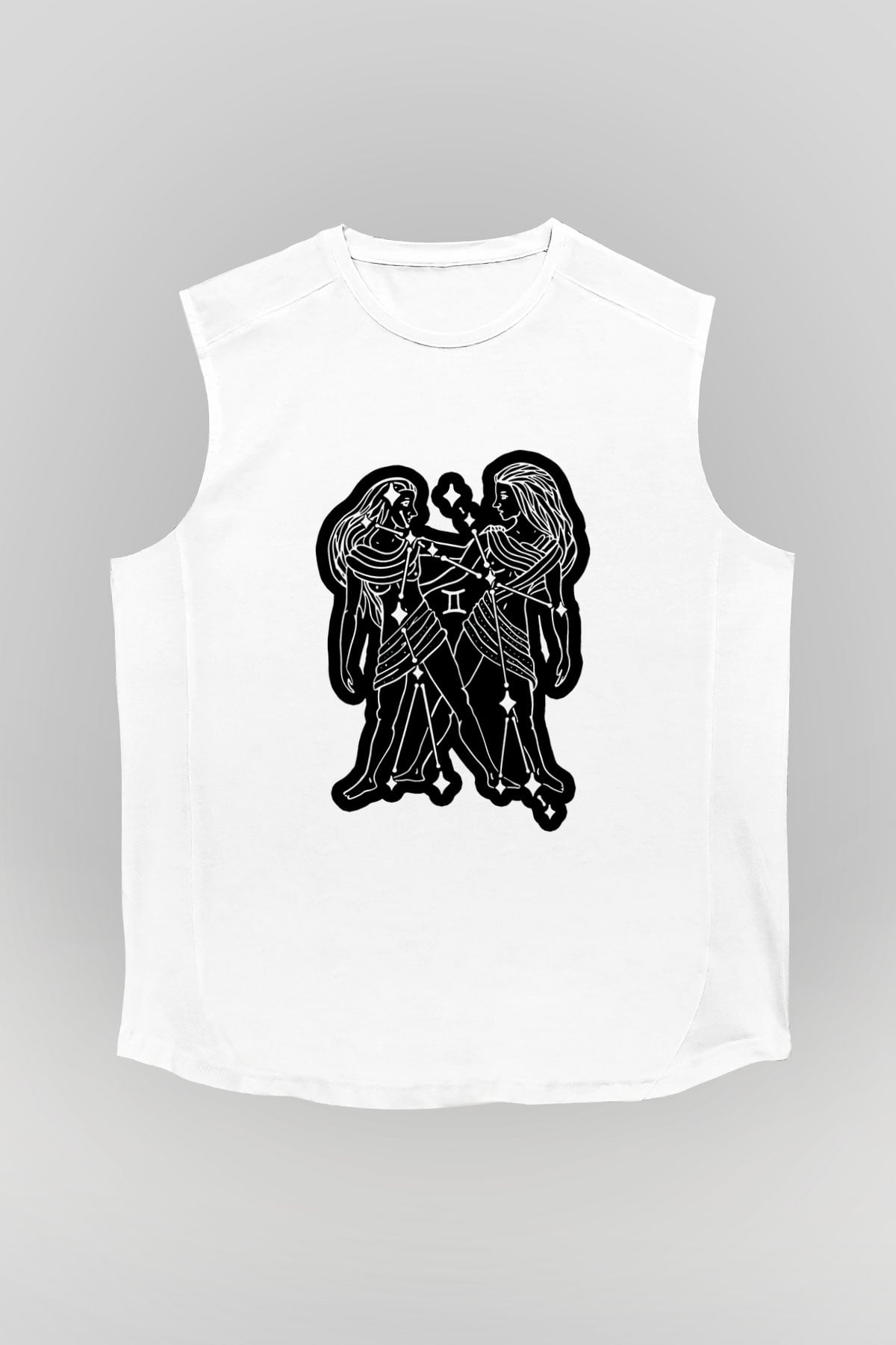 İkizler Burcu Baskılı Beyaz Unisex Kolsuz Tişört - Tshirt