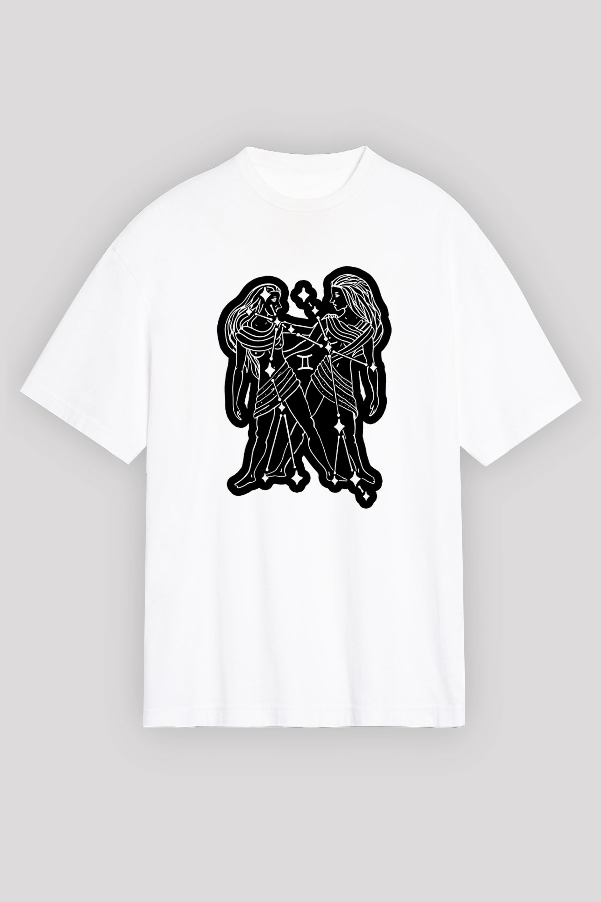 İkizler Burcu Baskılı Beyaz Unisex Oversize Tişört - Tshirt