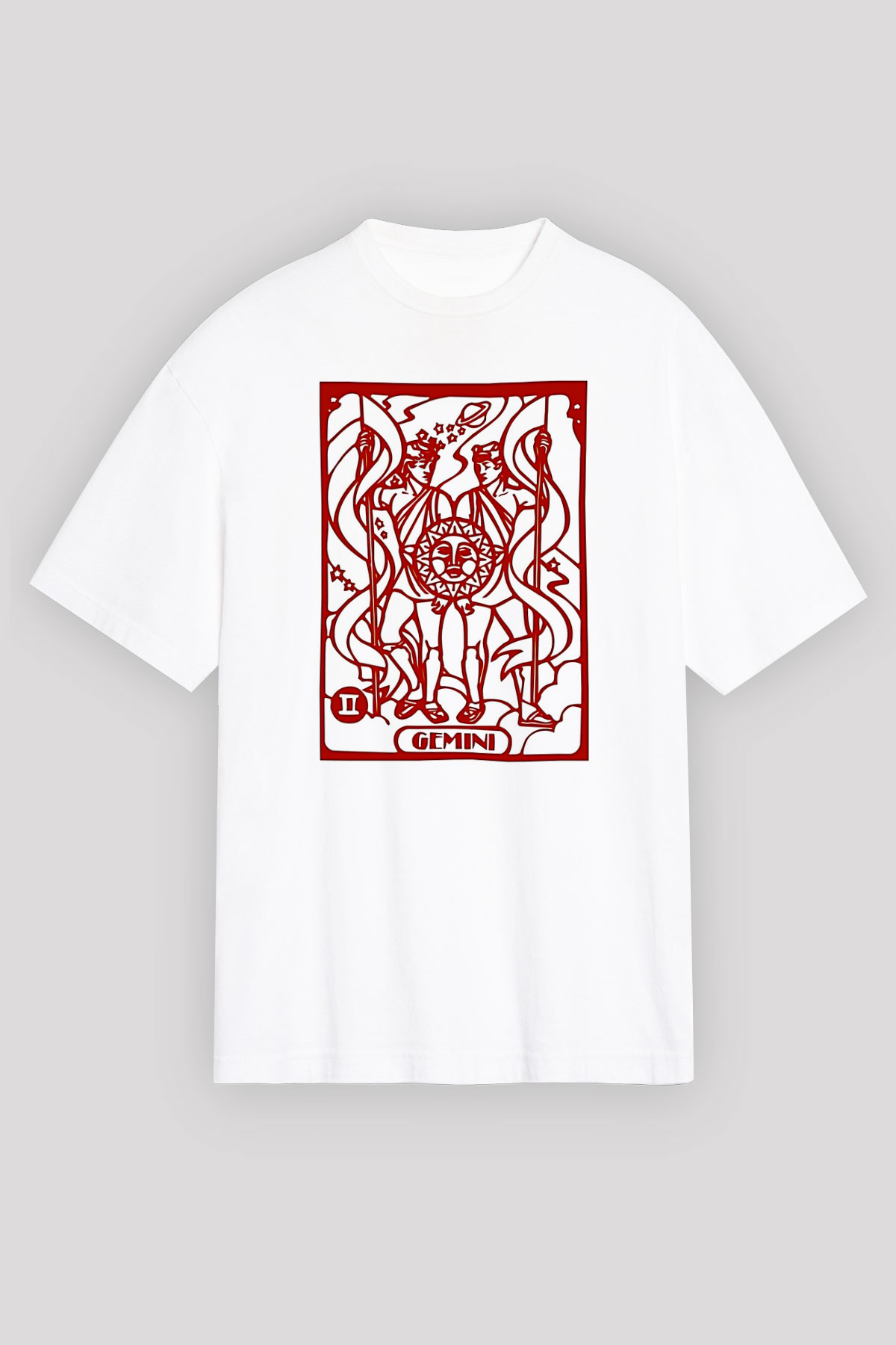 İkizler Burcu Baskılı Beyaz Unisex Oversize Tişört - Tshirt
