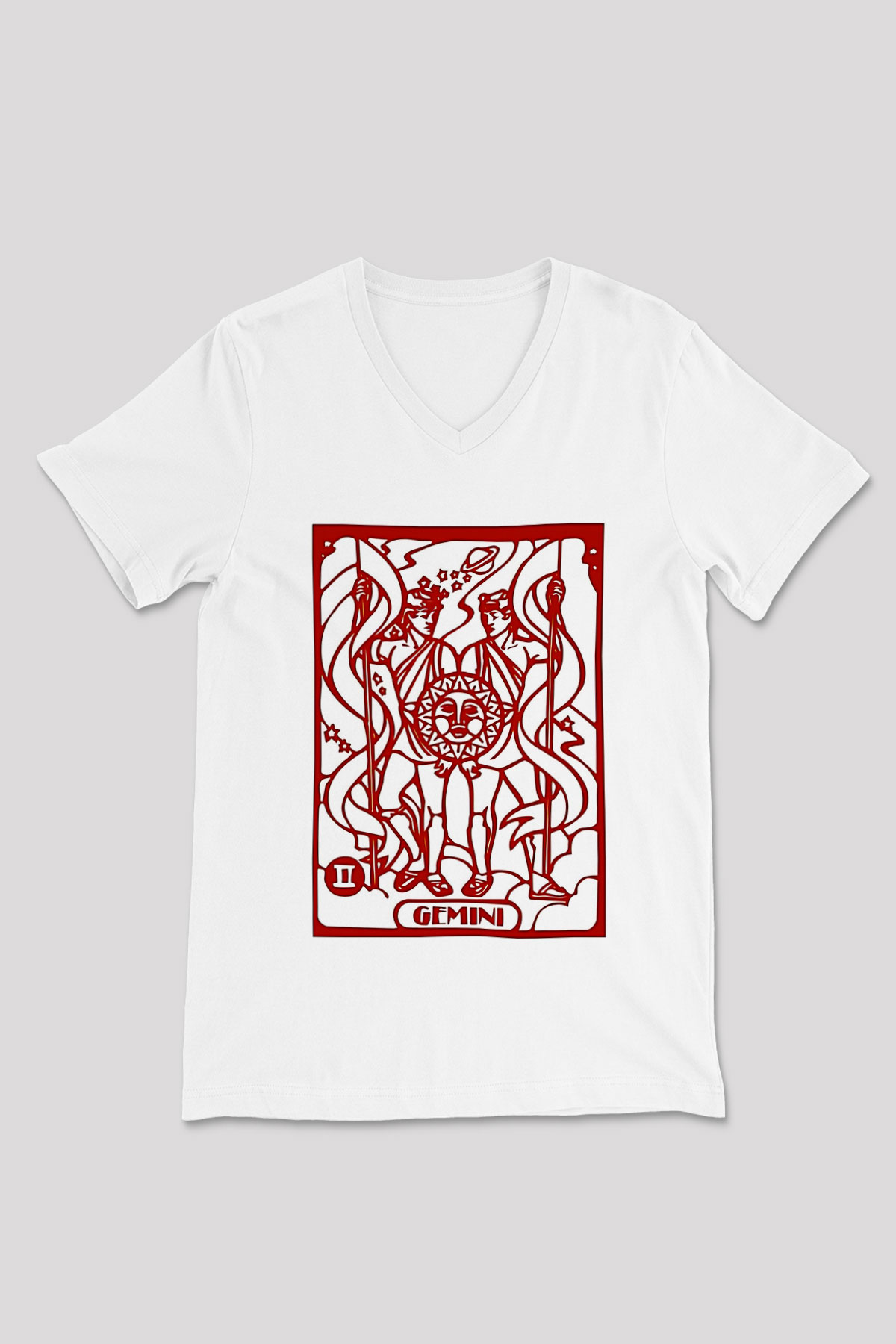 İkizler Burcu Baskılı Beyaz Unisex V Yaka Tişört - Tshirt
