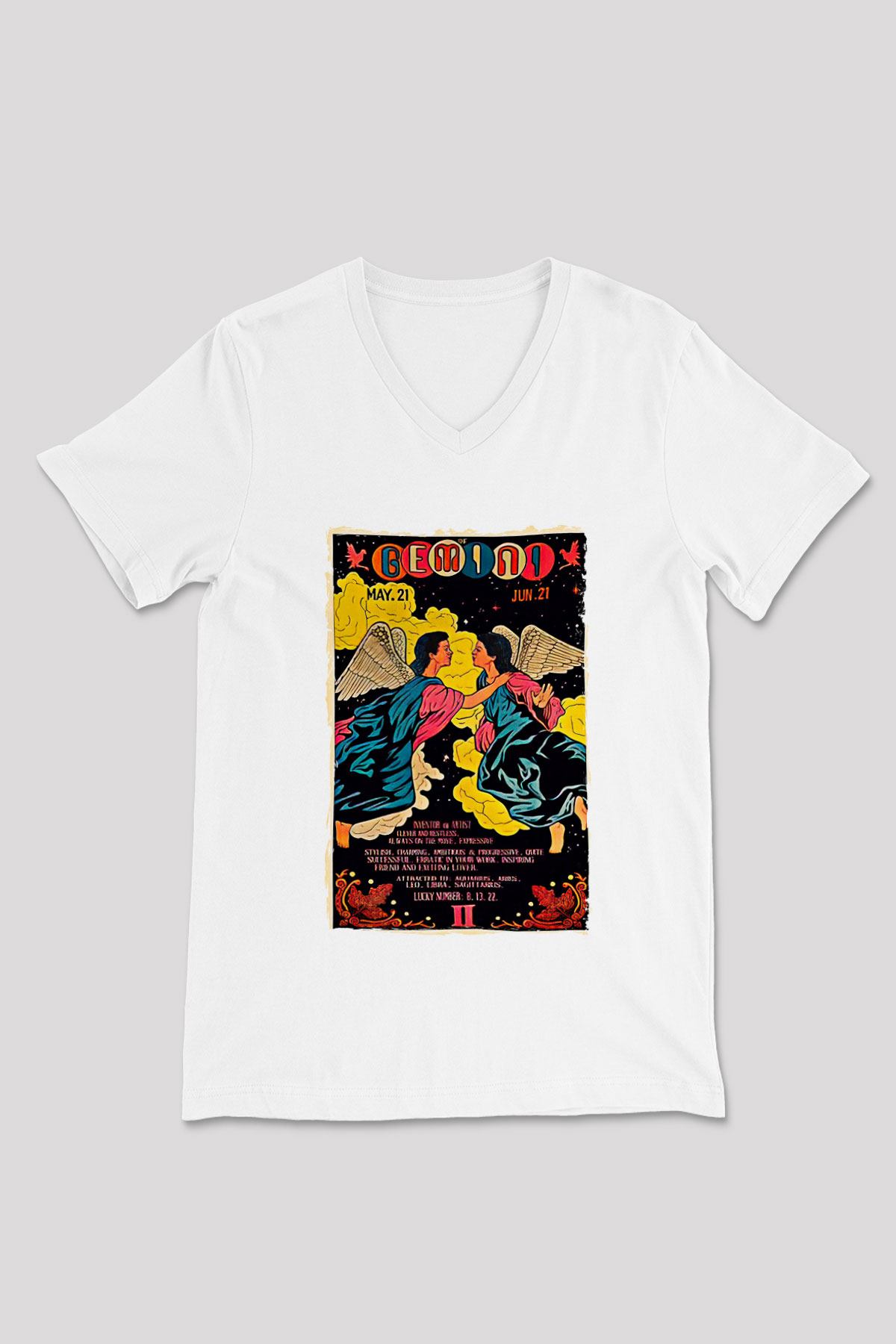 İkizler Burcu Baskılı Beyaz Unisex V Yaka Tişört - Tshirt