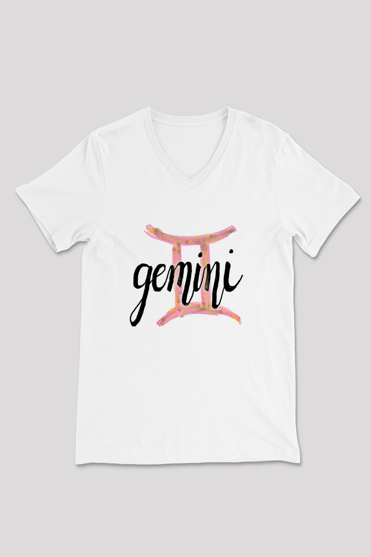 İkizler Burcu Baskılı Beyaz Unisex V Yaka Tişört - Tshirt