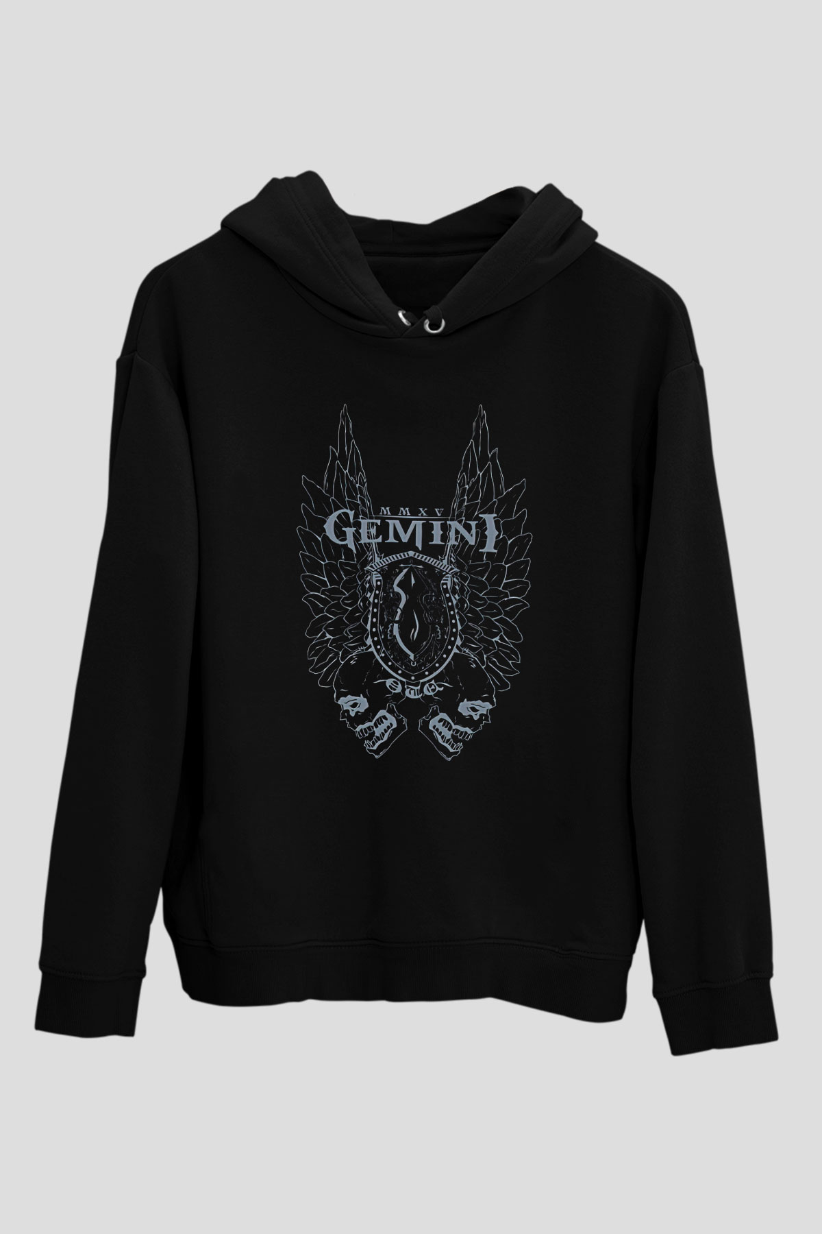 İkizler Burcu Baskılı Unisex Siyah Hoodie