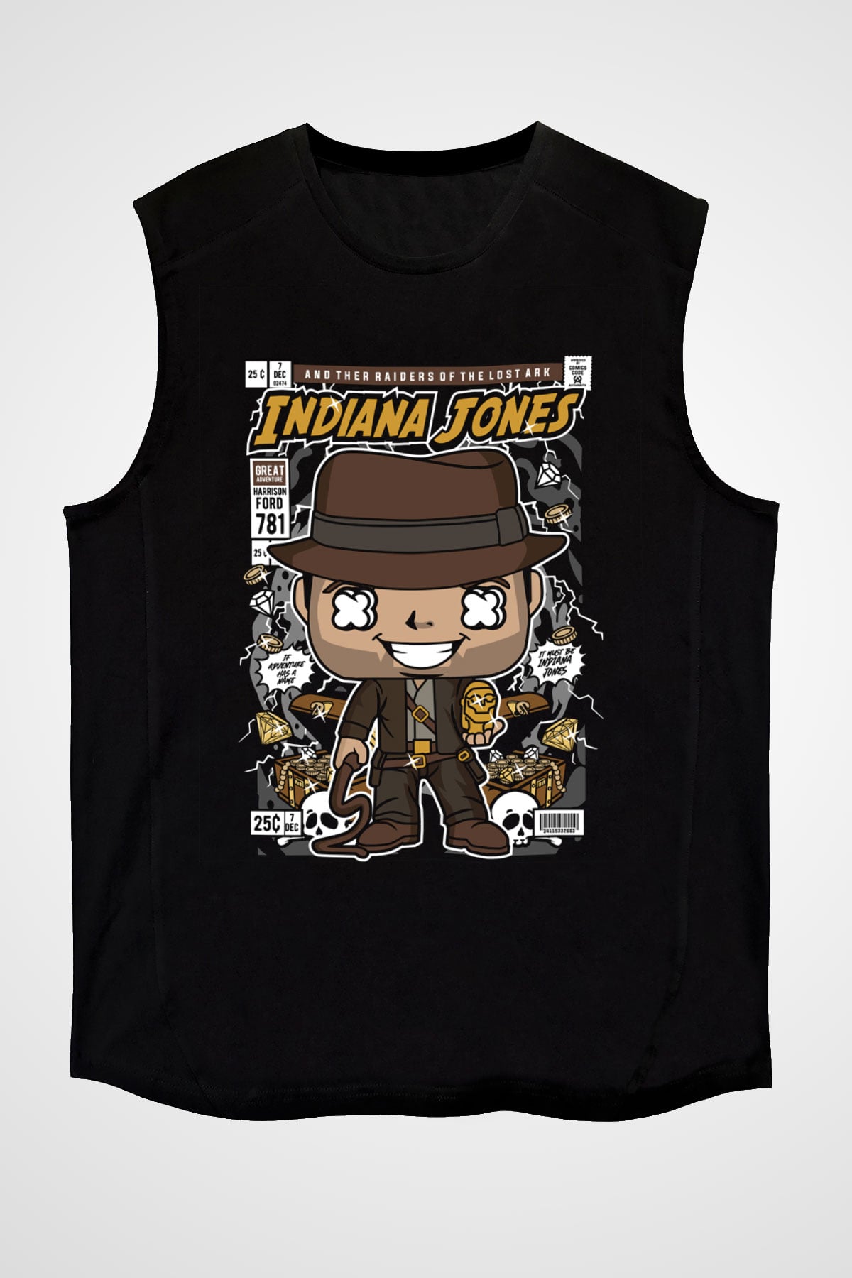Indiana Jones Baskılı Unisex Siyah Kolsuz Tişört