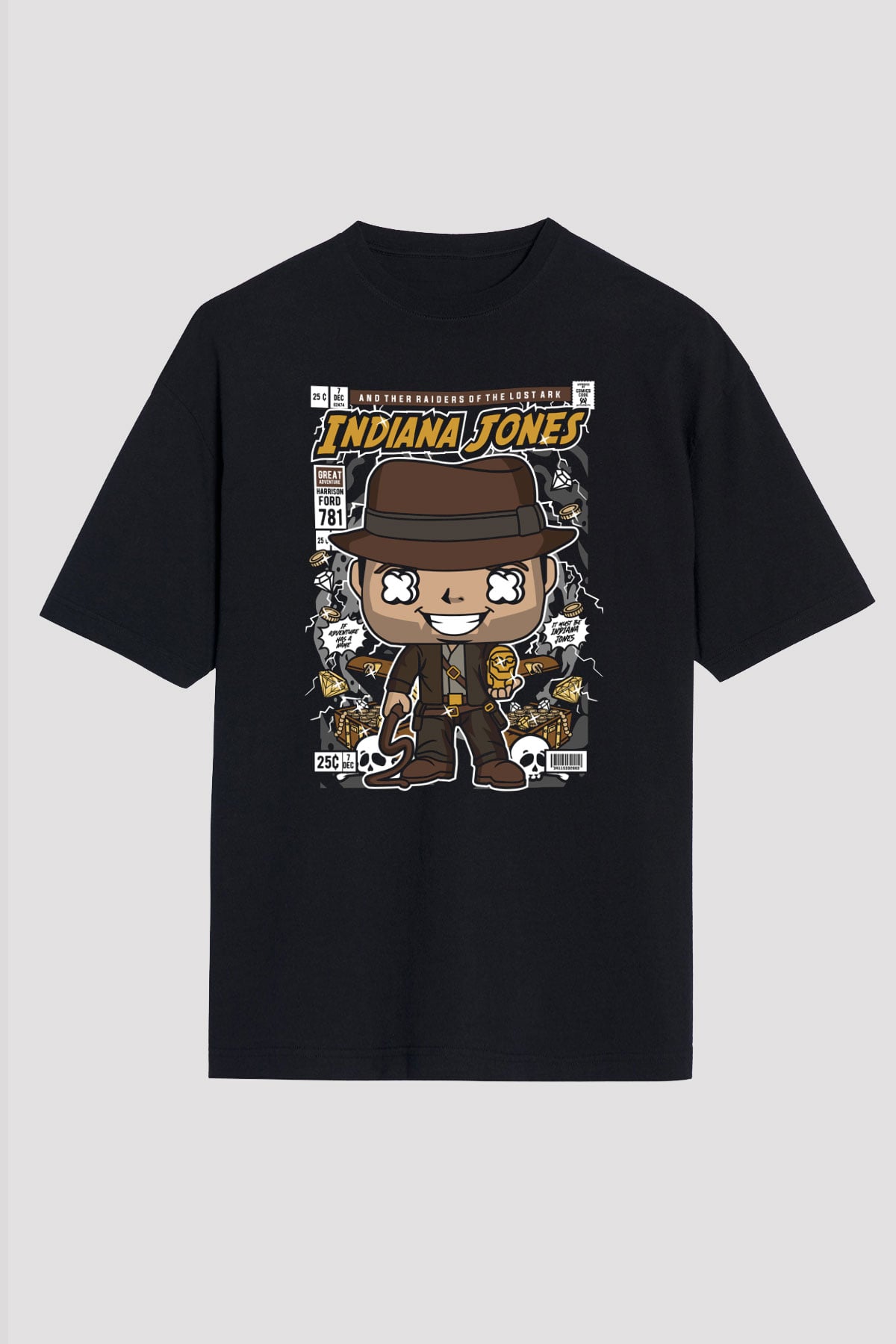 Indiana Jones Baskılı Unisex Siyah Oversize Tişört