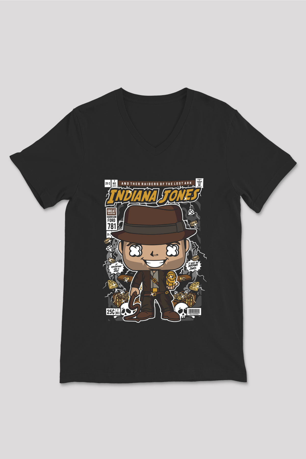 Indiana Jones Baskılı Unisex Siyah V Yaka Tişört