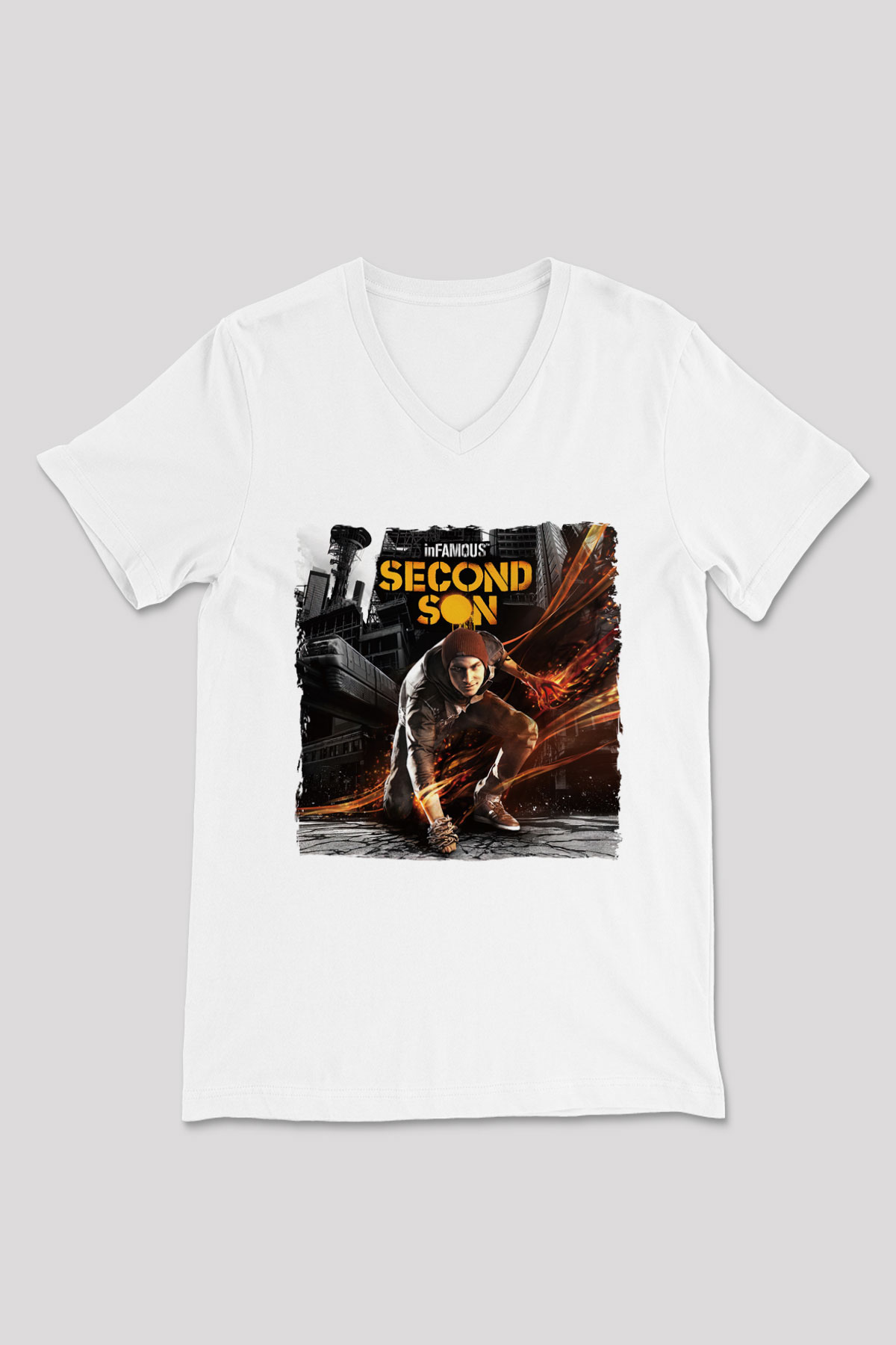Infamous Beyaz Unisex V Yaka Tişört