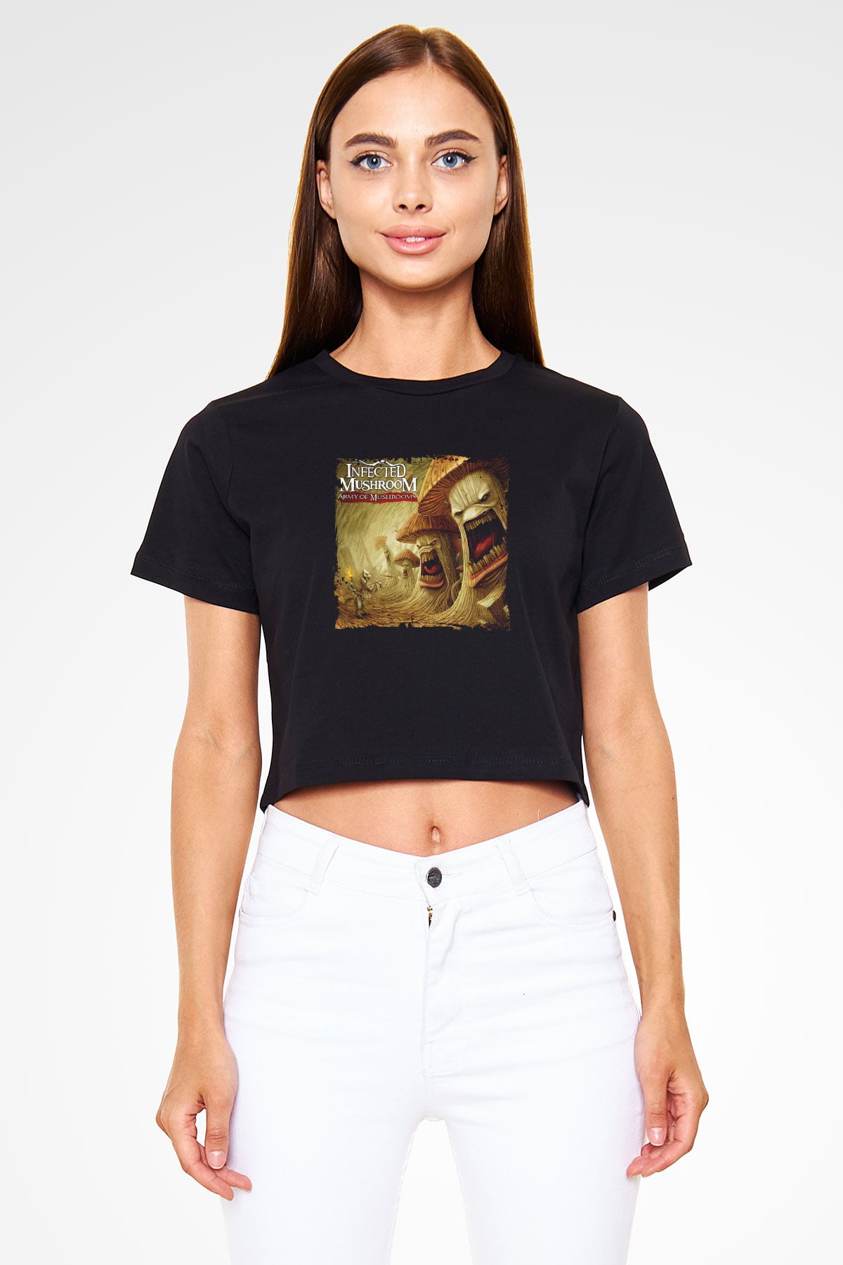Infected Mushroom Baskılı Crop Top Siyah Kadın Tişört