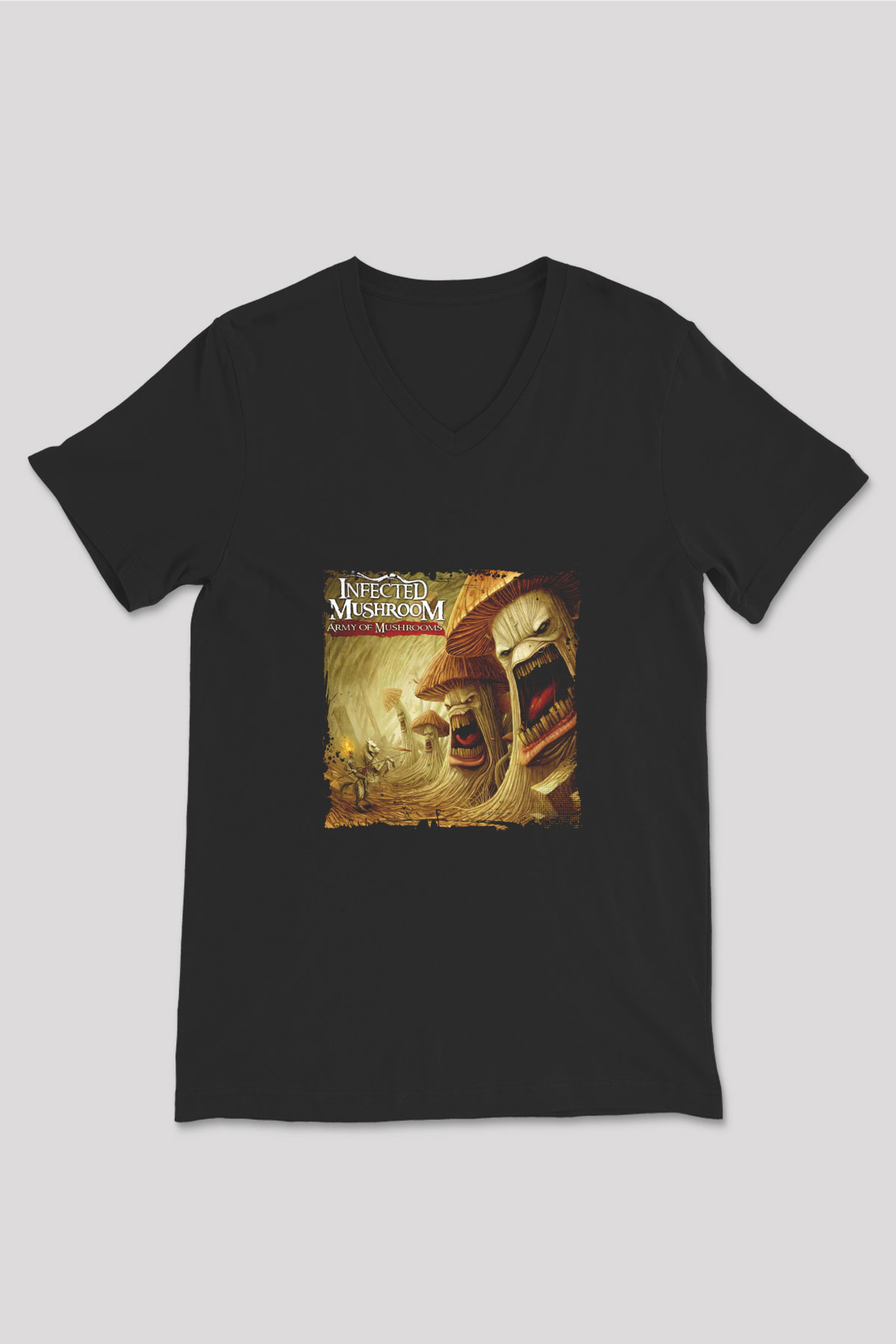 Infected Mushroom Baskılı Unisex Siyah V Yaka Tişört