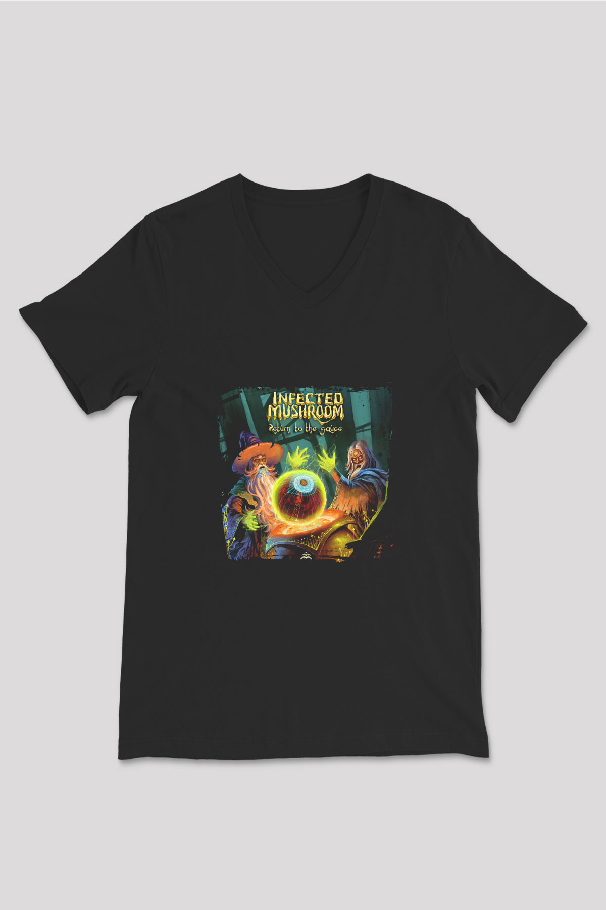 Infected Mushroom Baskılı Unisex Siyah V Yaka Tişört