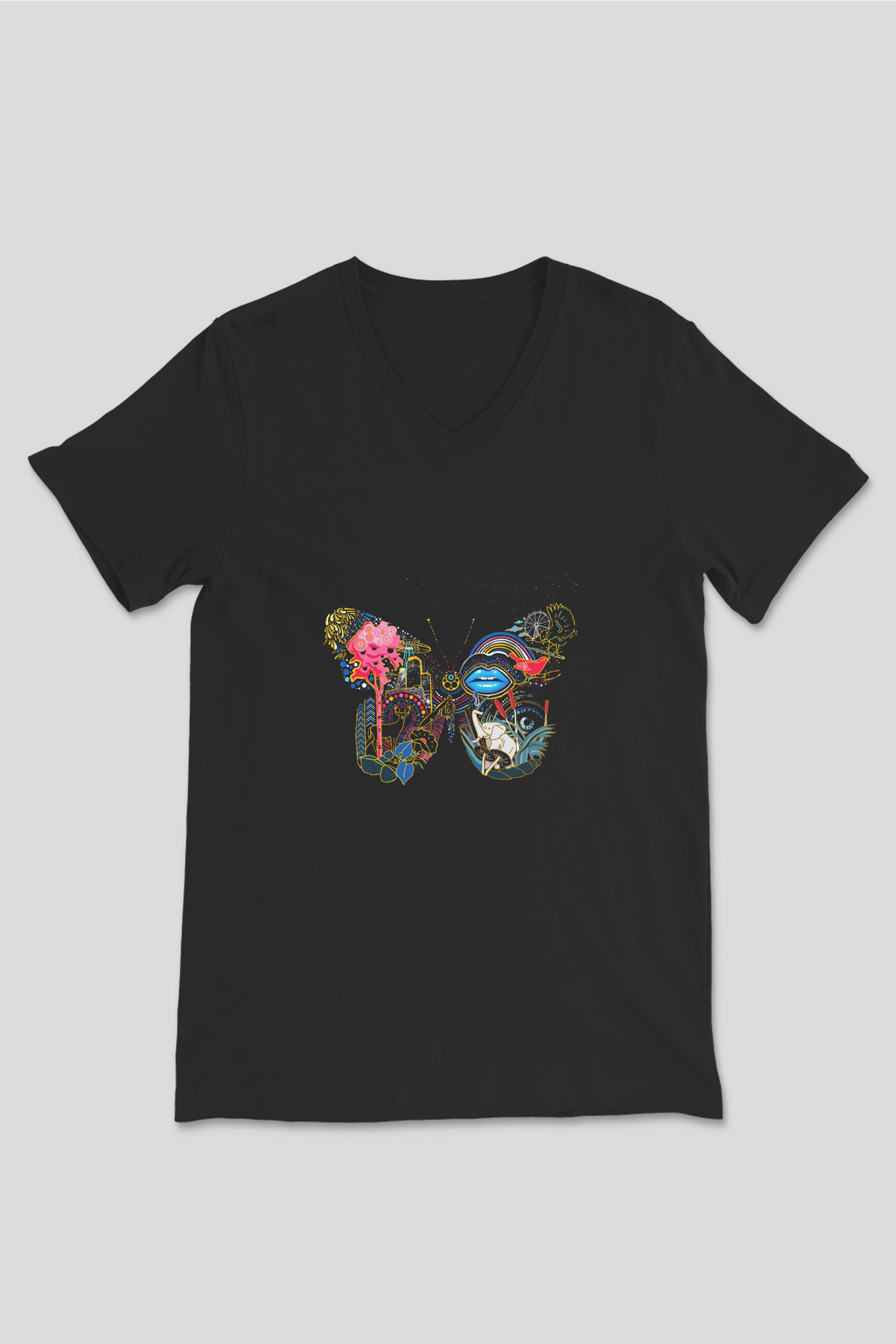 Infected Mushroom Baskılı Unisex Siyah V Yaka Tişört