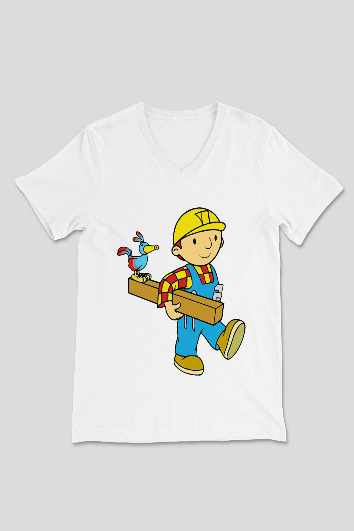 İnşaatçı Beyaz Unisex V Yaka Tişört T-Shirt