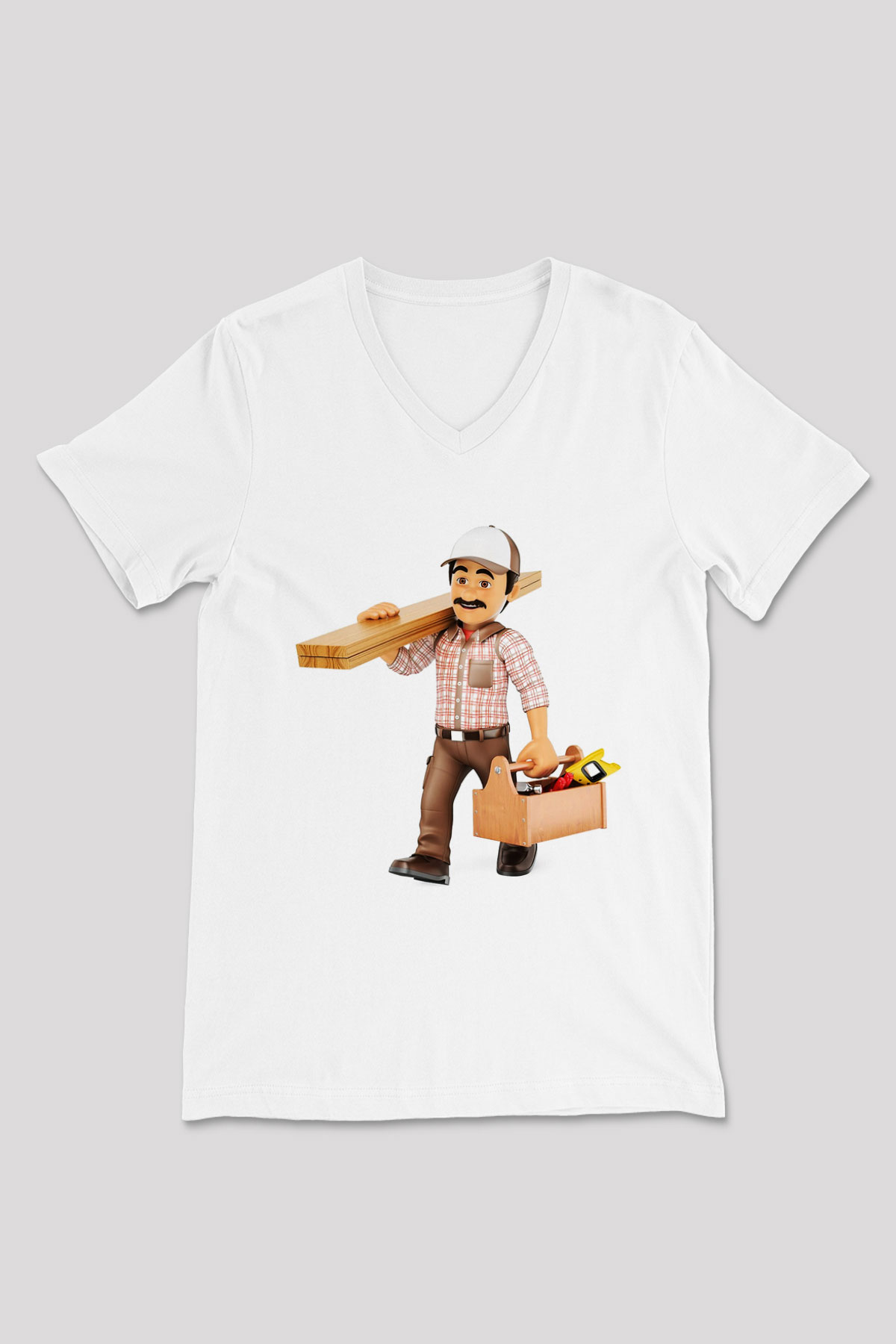 İnşaatçı Beyaz Unisex V Yaka Tişört T-Shirt