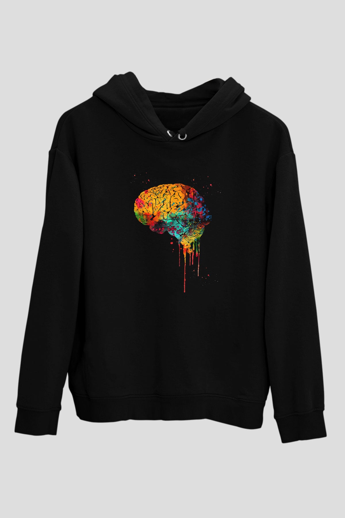 İnsan Beyin Renkli Baskılı Unisex Siyah Hoodie