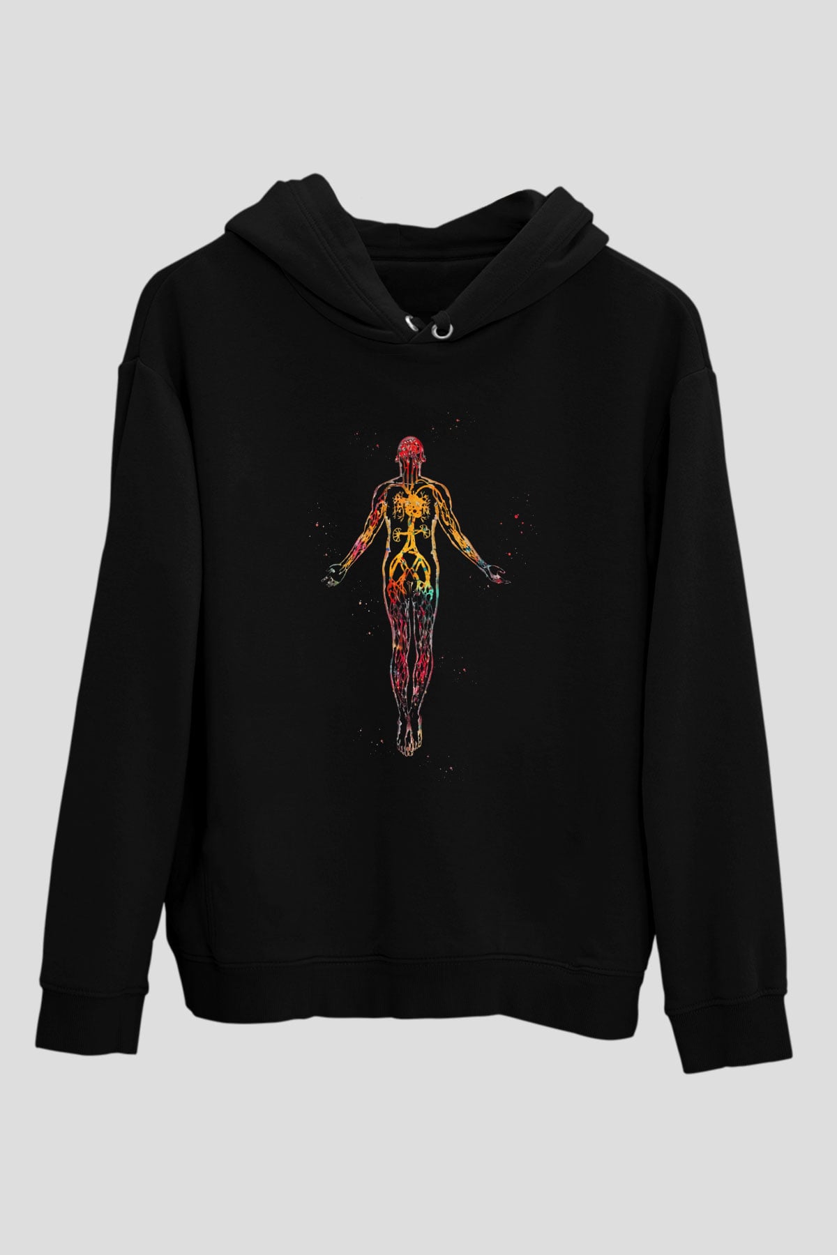 İnsan Damar Yapısı Renkli Baskılı Unisex Siyah Hoodie