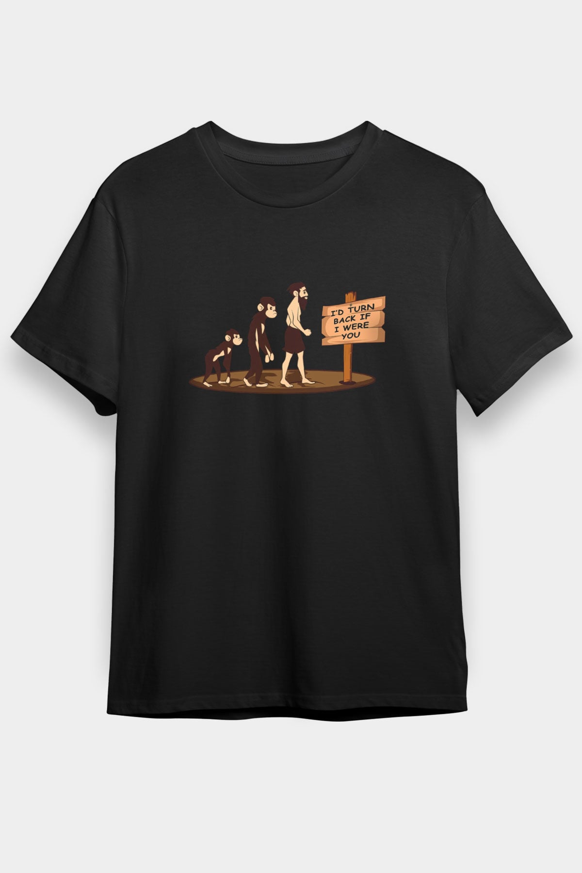 İnsan Evrim Çizim Baskılı Unisex Siyah Tişört - Tshirt