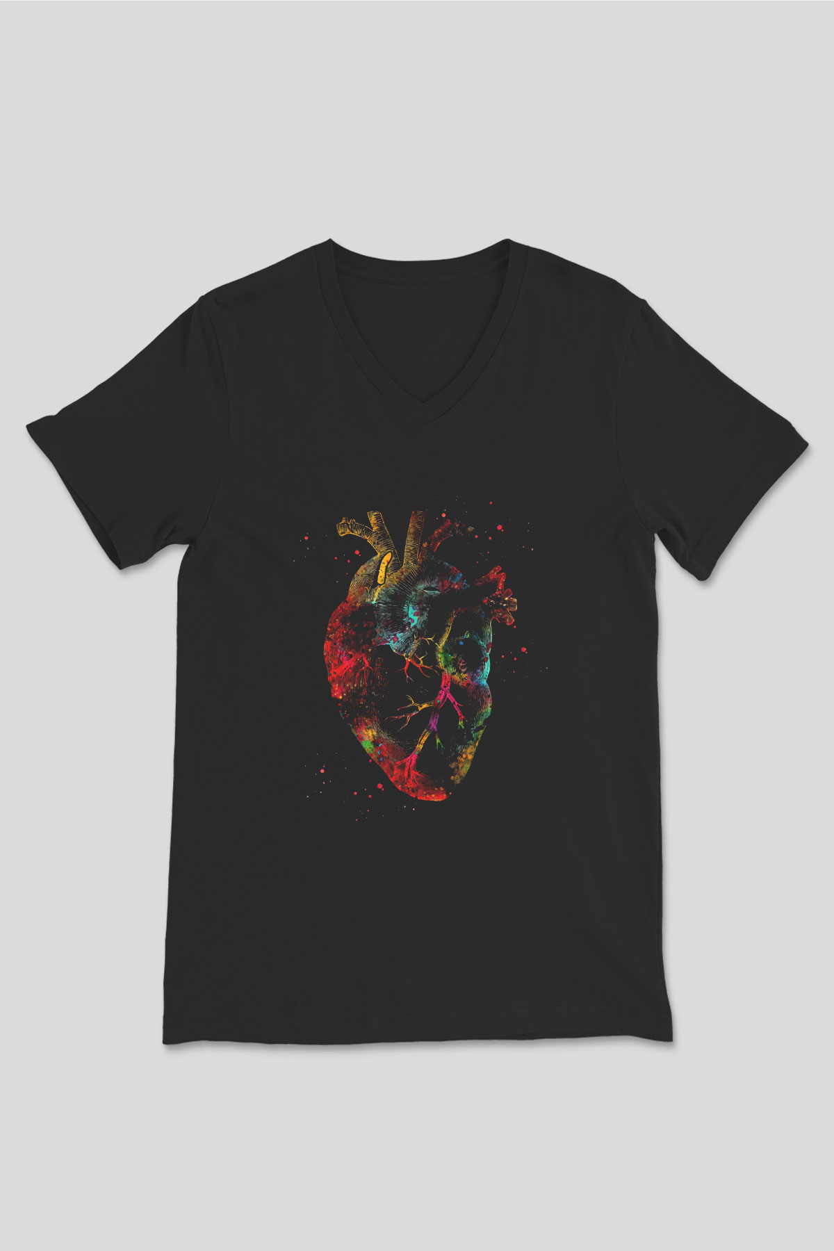İnsan Kalbi Baskılı Unisex V Yaka Siyah Tİşört - Tshirt