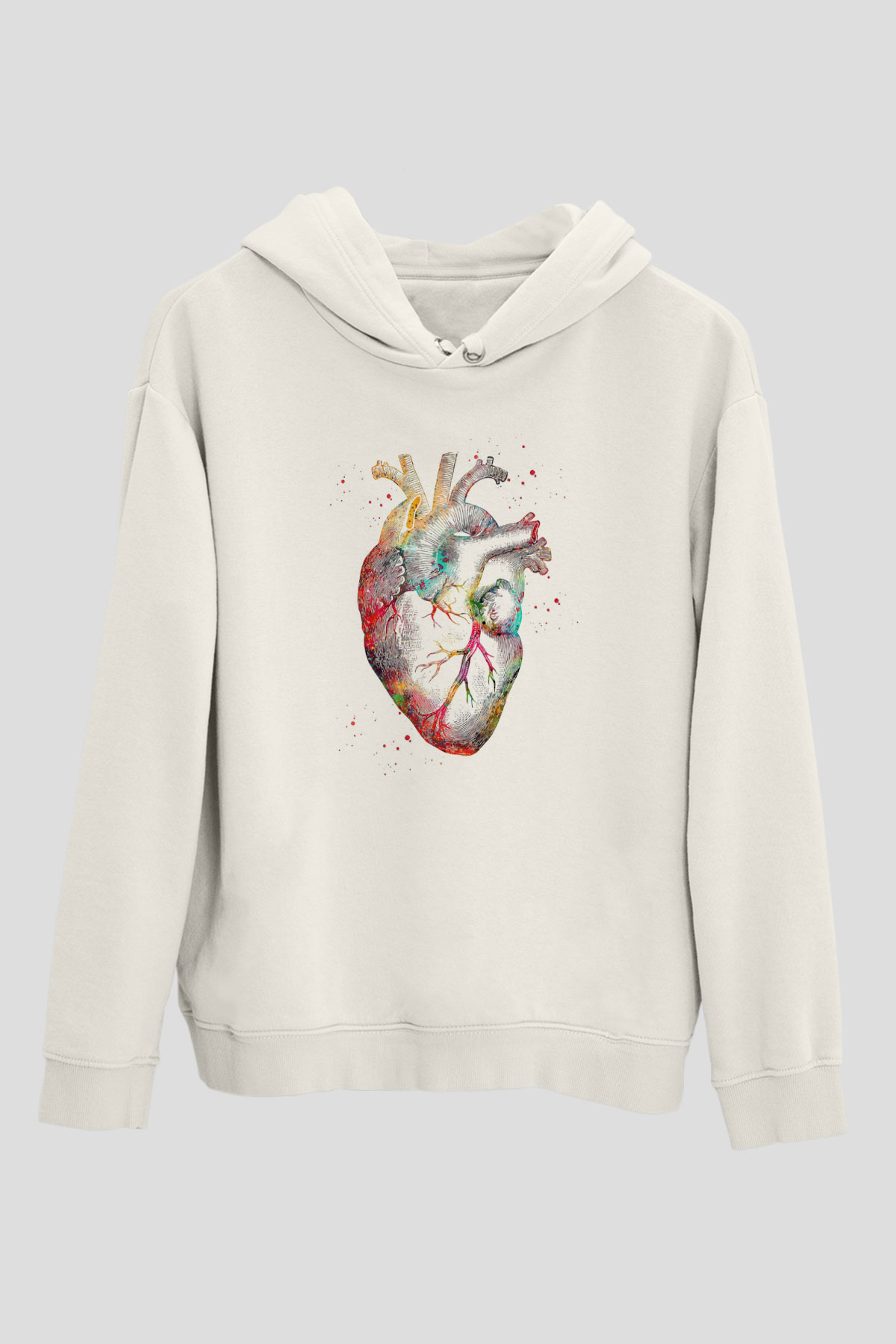 İnsan Kalbi Renkli Baskılı Unisex Ekru Hoodie
