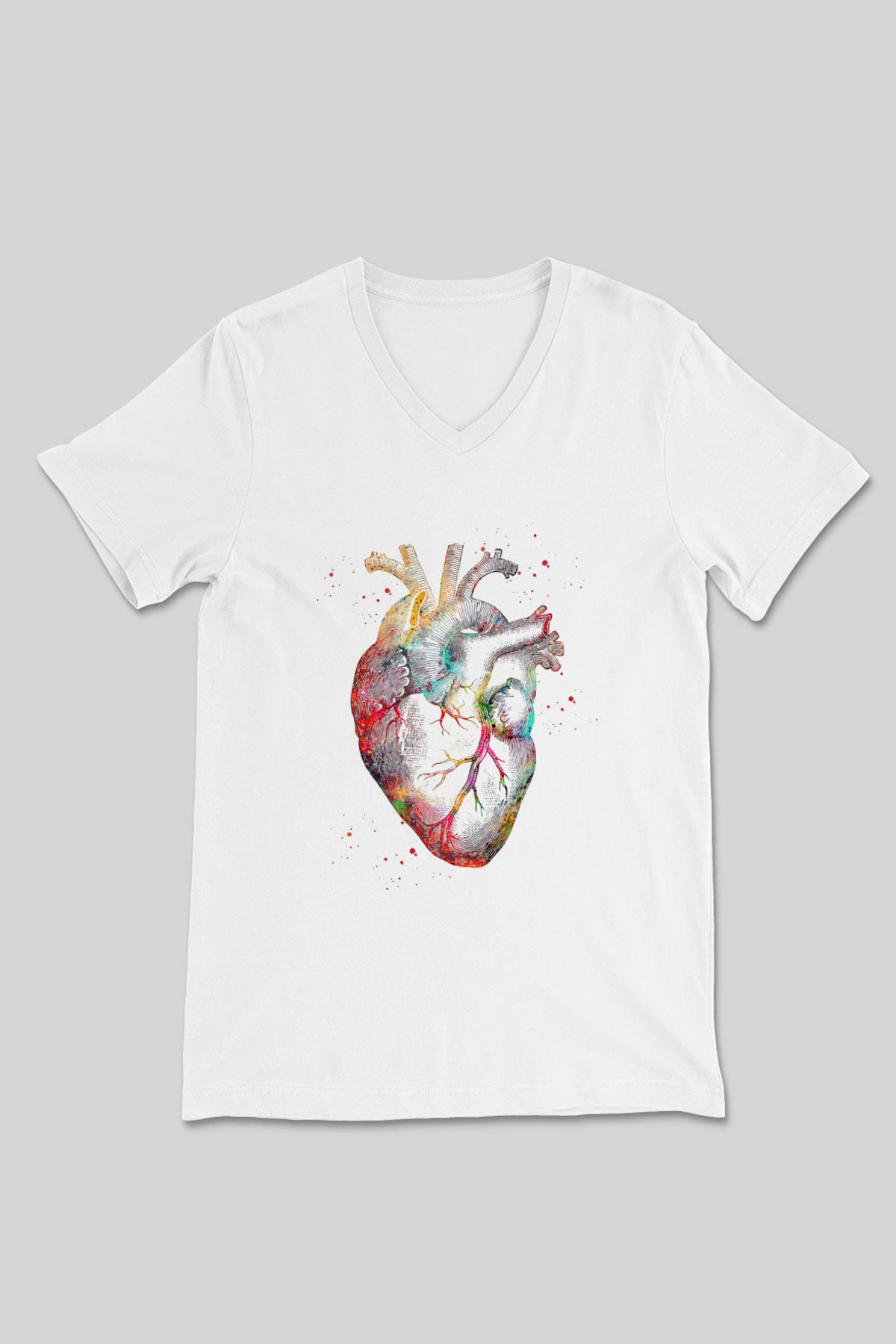 İnsan Kalbi Renkli Baskılı Unisex V Yaka Beyaz Tişört - Tshirt