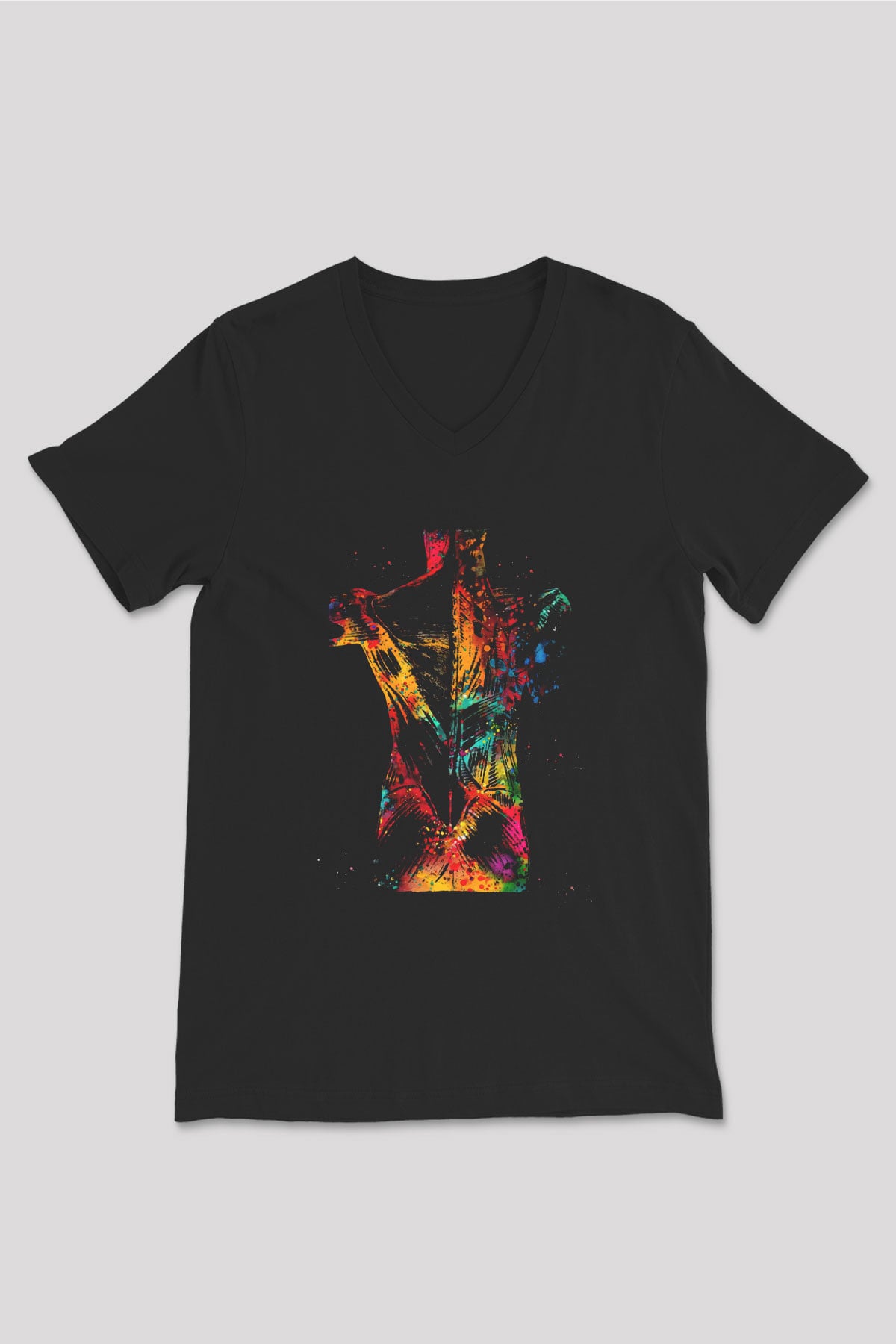 İnsan Kas Yapısı Renkli Baskılı Unisex V Yaka Siyah Tİşört - Tshirt