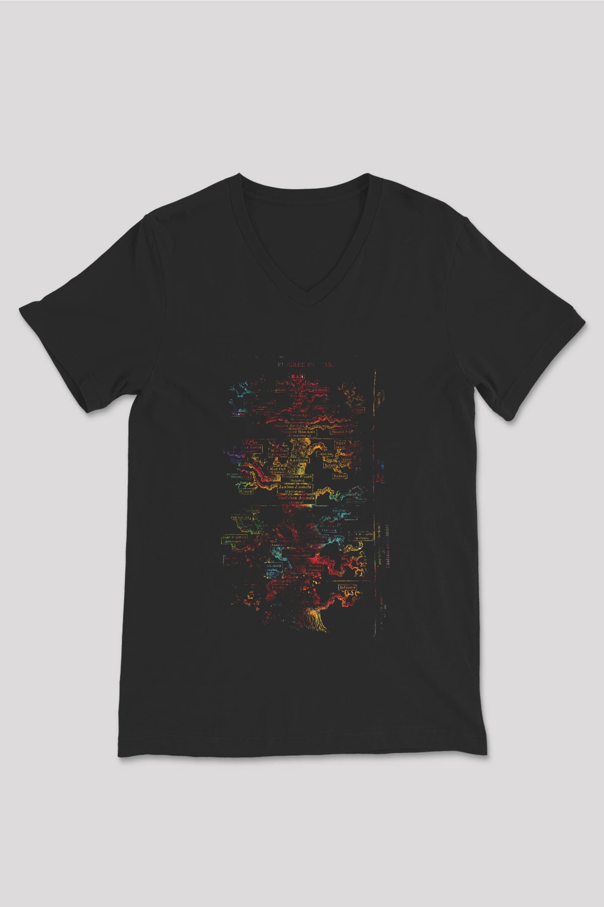 İnsan Soyağacı Baskılı Unisex V Yaka Siyah Tİşört - Tshirt