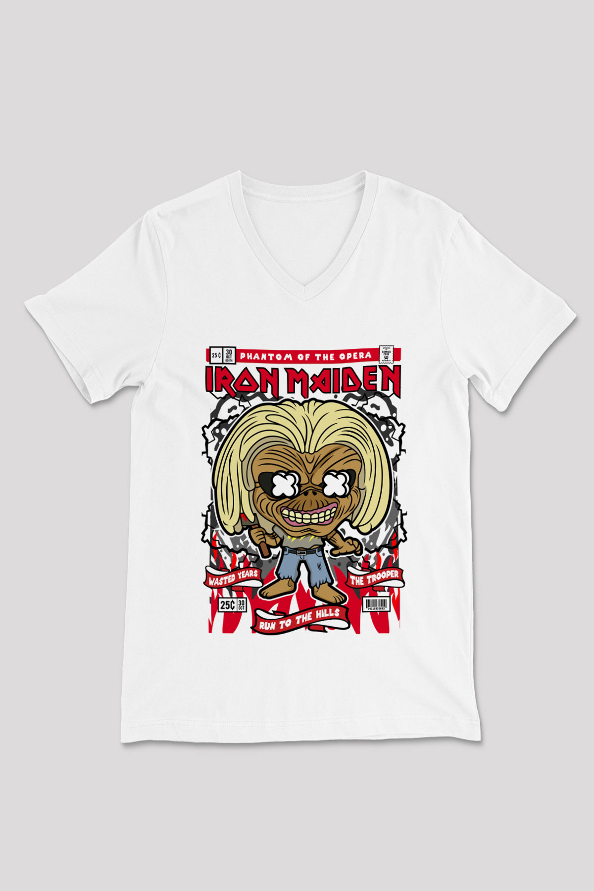 Iron Maiden Baskılı Unisex Beyaz V Yaka Tişört
