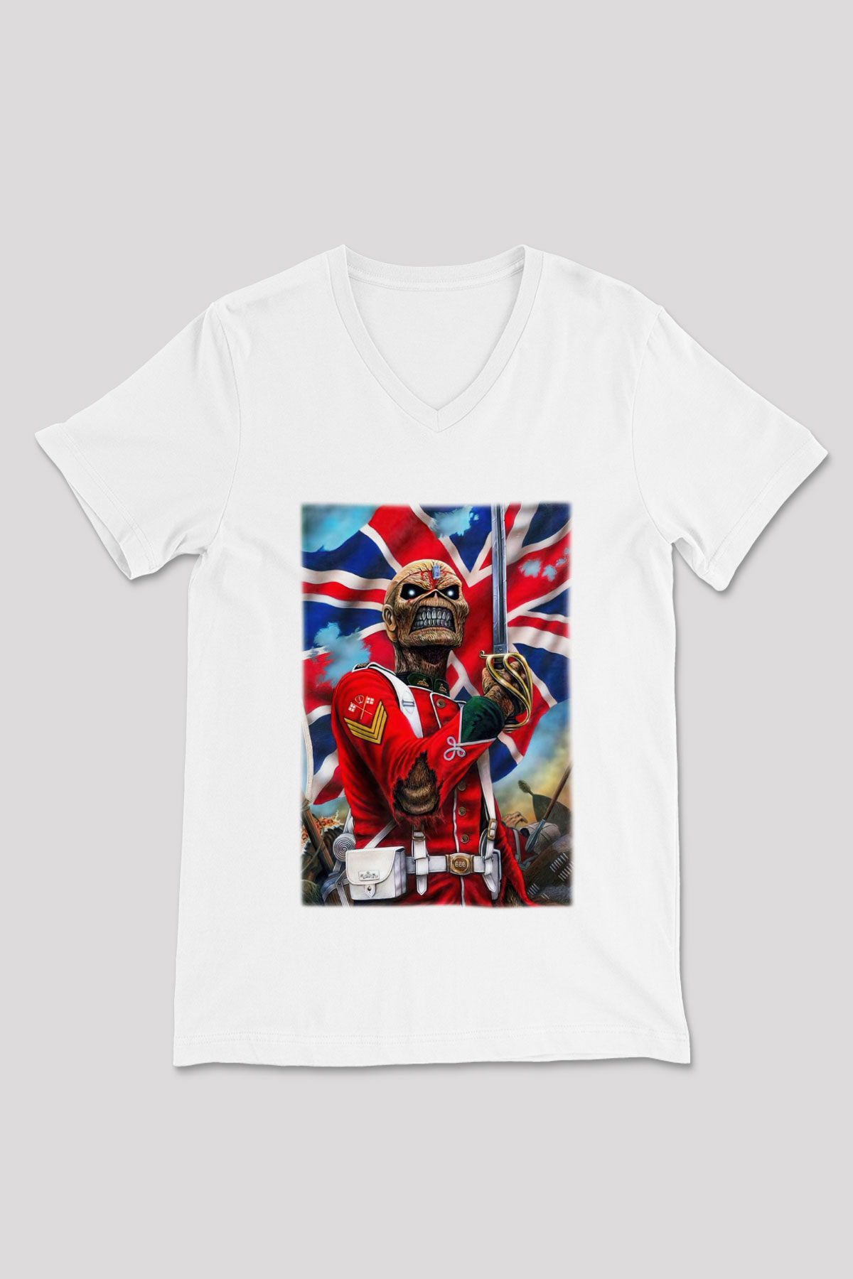 Iron Maiden Beyaz Unisex V Yaka Tişört T-Shirt