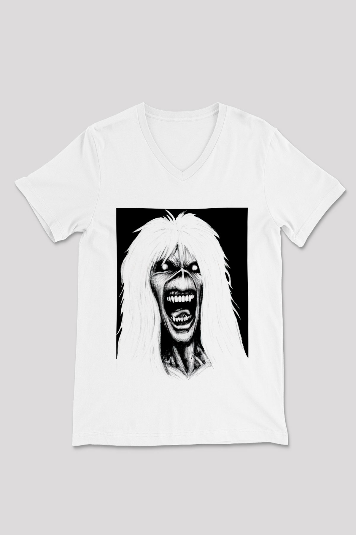 Iron Maiden Beyaz Unisex V Yaka Tişört T-Shirt