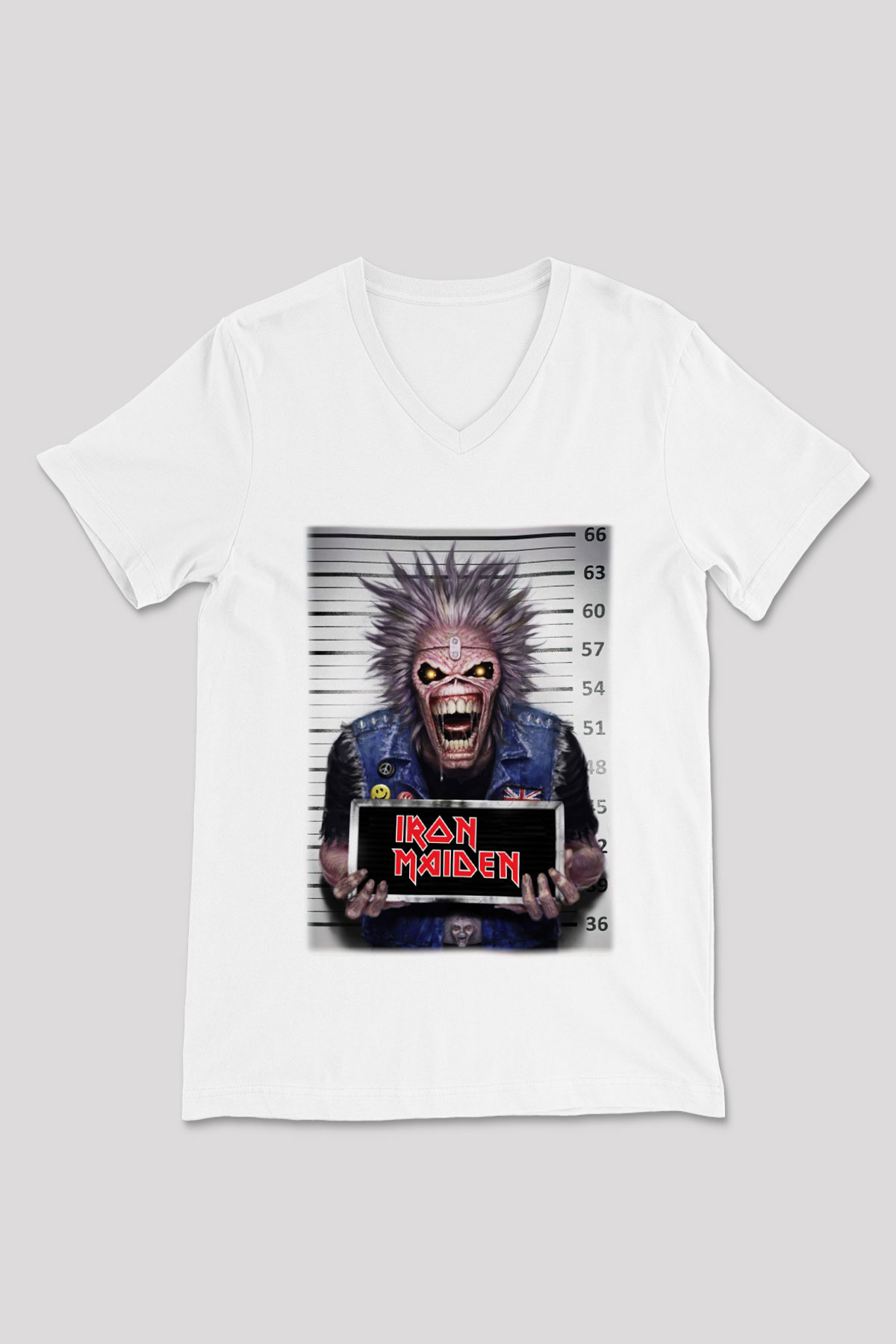Iron Maiden Beyaz Unisex V Yaka Tişört T-Shirt