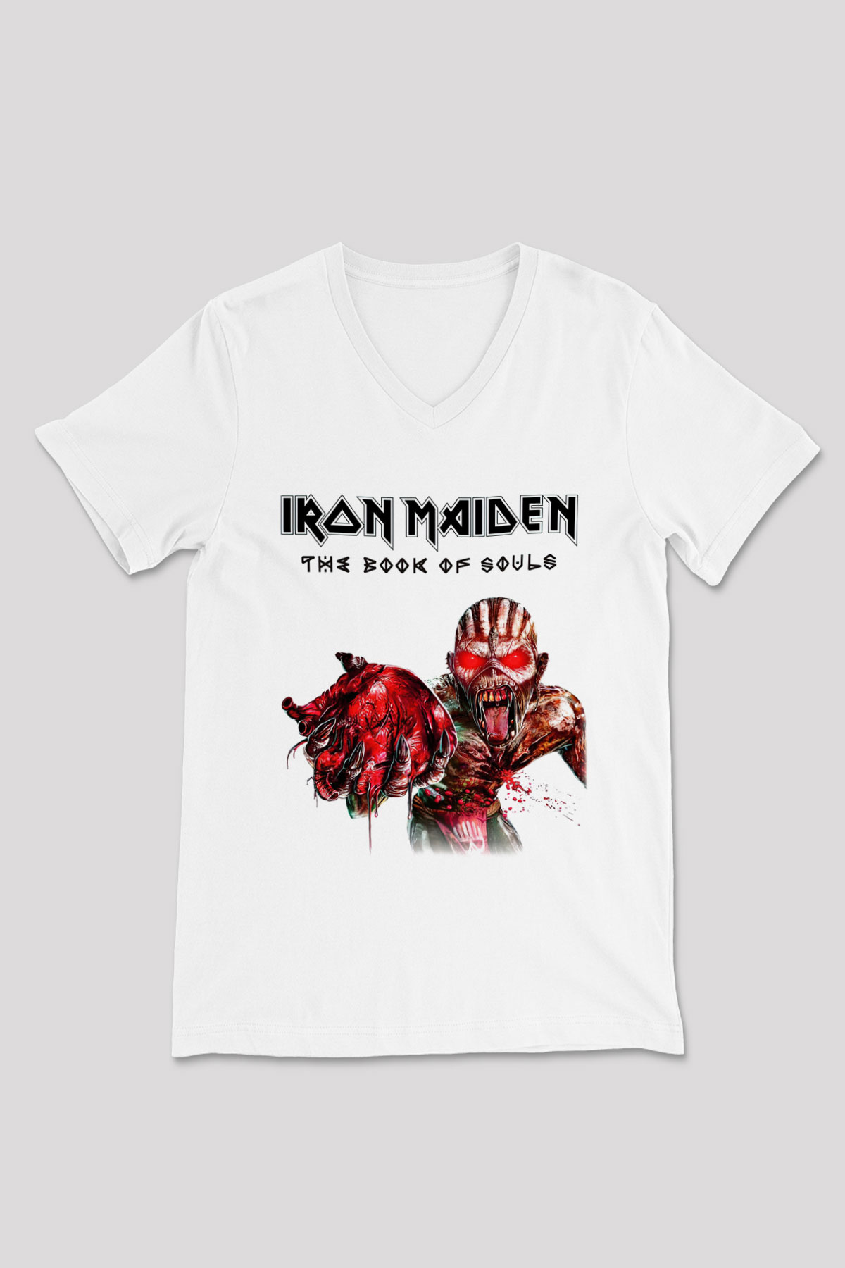 Iron Maiden Beyaz Unisex V Yaka Tişört T-Shirt