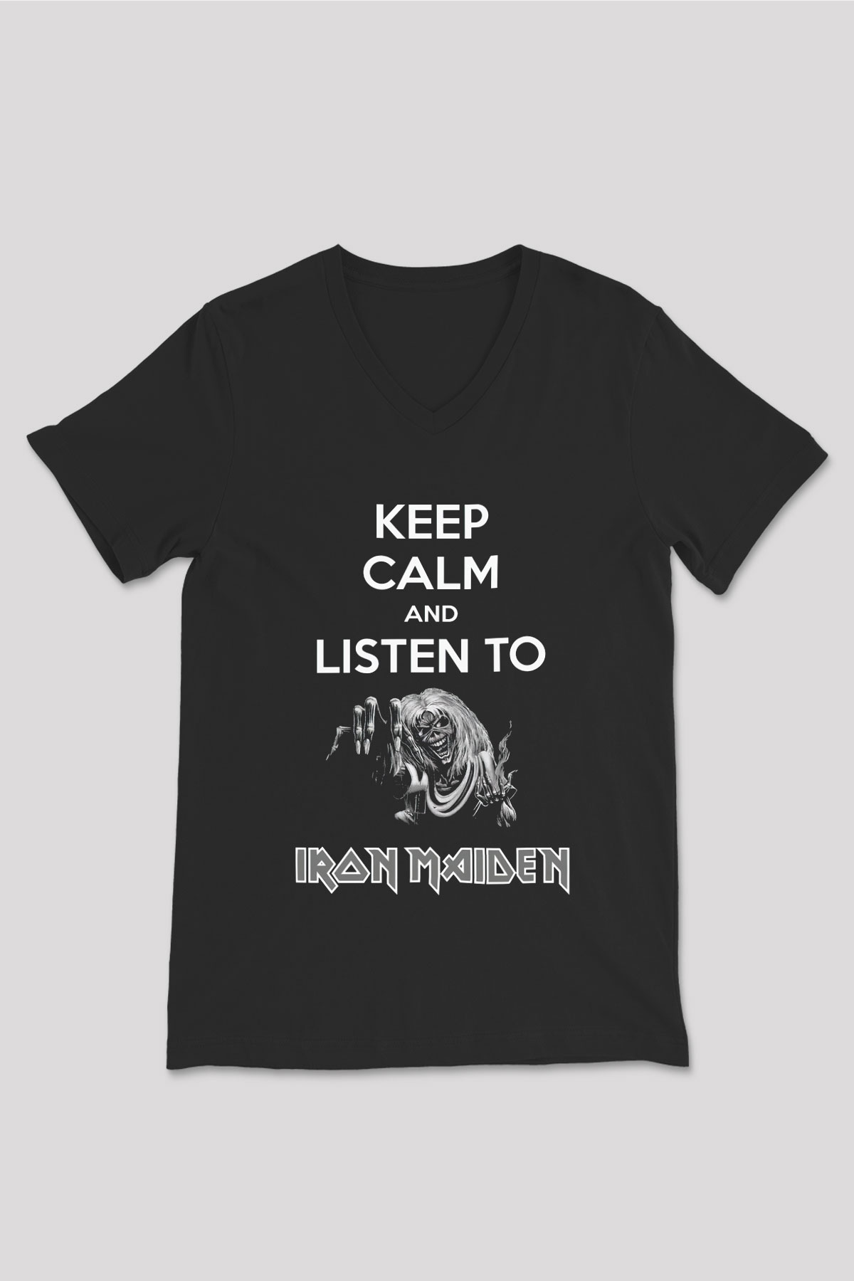 Iron Maiden Keep Calm And Listen To Siyah Unisex V Yaka Tişört T-Shirt