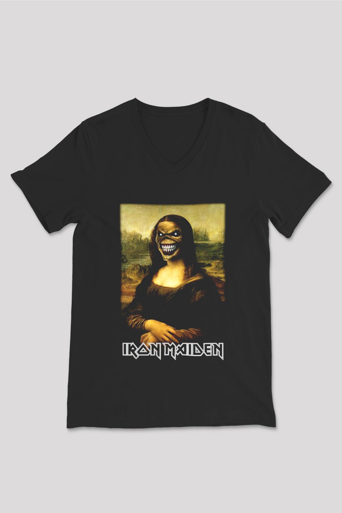 Iron Maiden Mona Lisa Eddie Siyah Unisex V Yaka Tişört T-Shirt