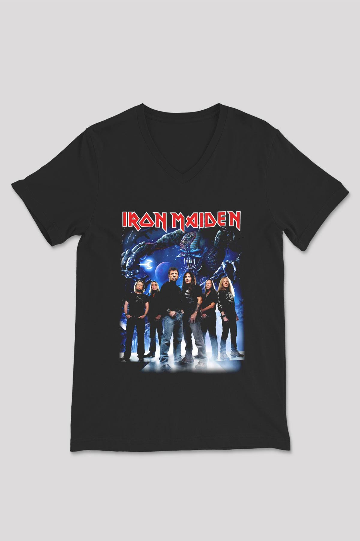 Iron Maiden Siyah Unisex V Yaka Tişört T-Shirt