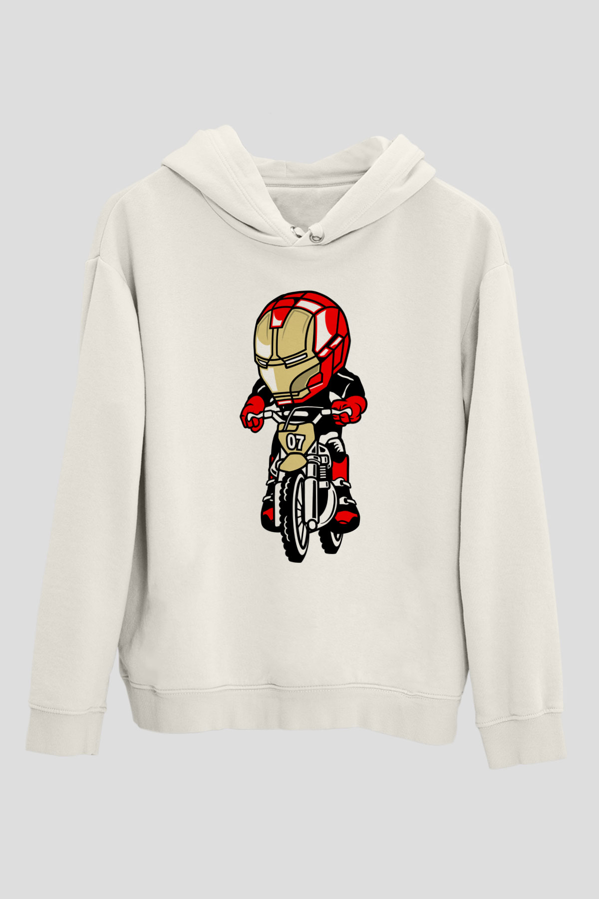 Iron Man Biker Baskılı Unisex Beyaz Hoodie