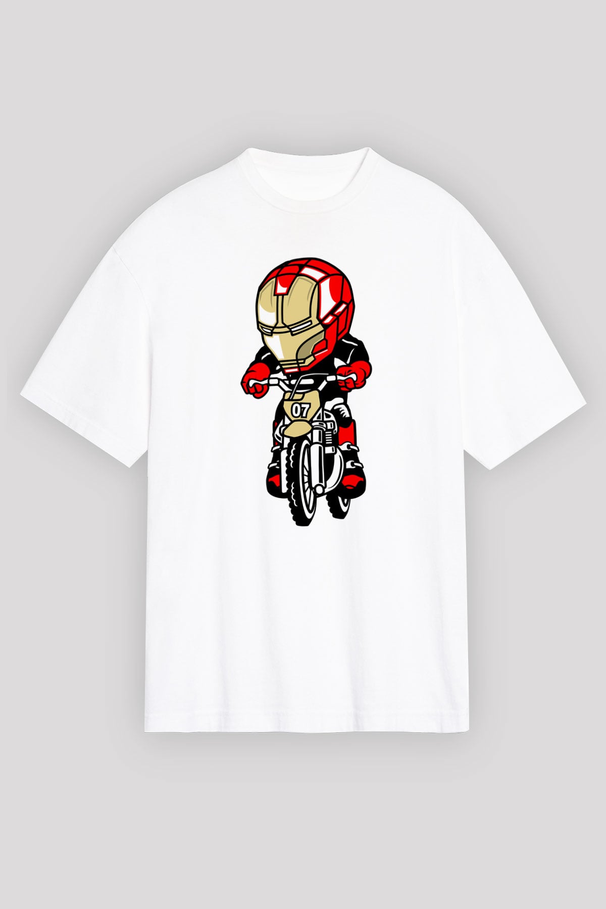 Iron Man Biker Baskılı Unisex Beyaz Oversize Tişört