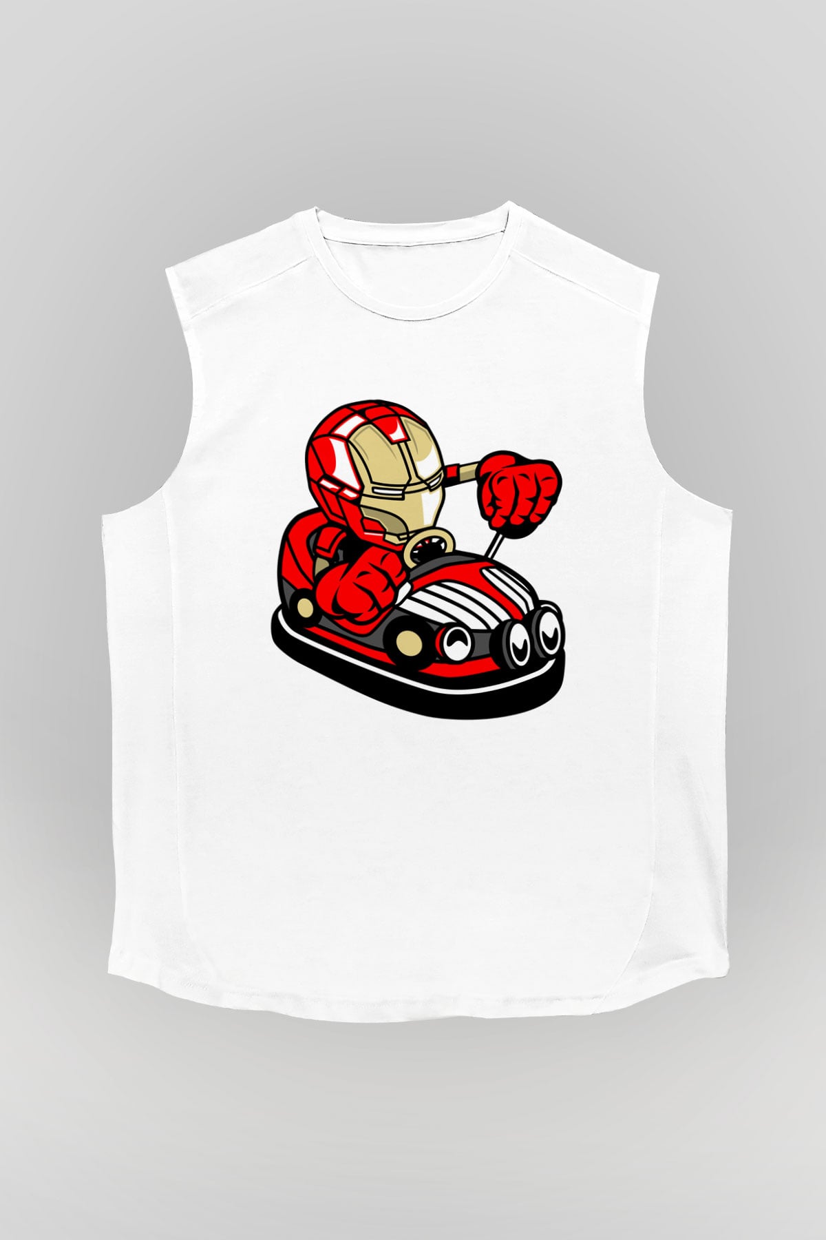 Iron Man Car Toy Baskılı Unisex Beyaz Kolsuz Tişört