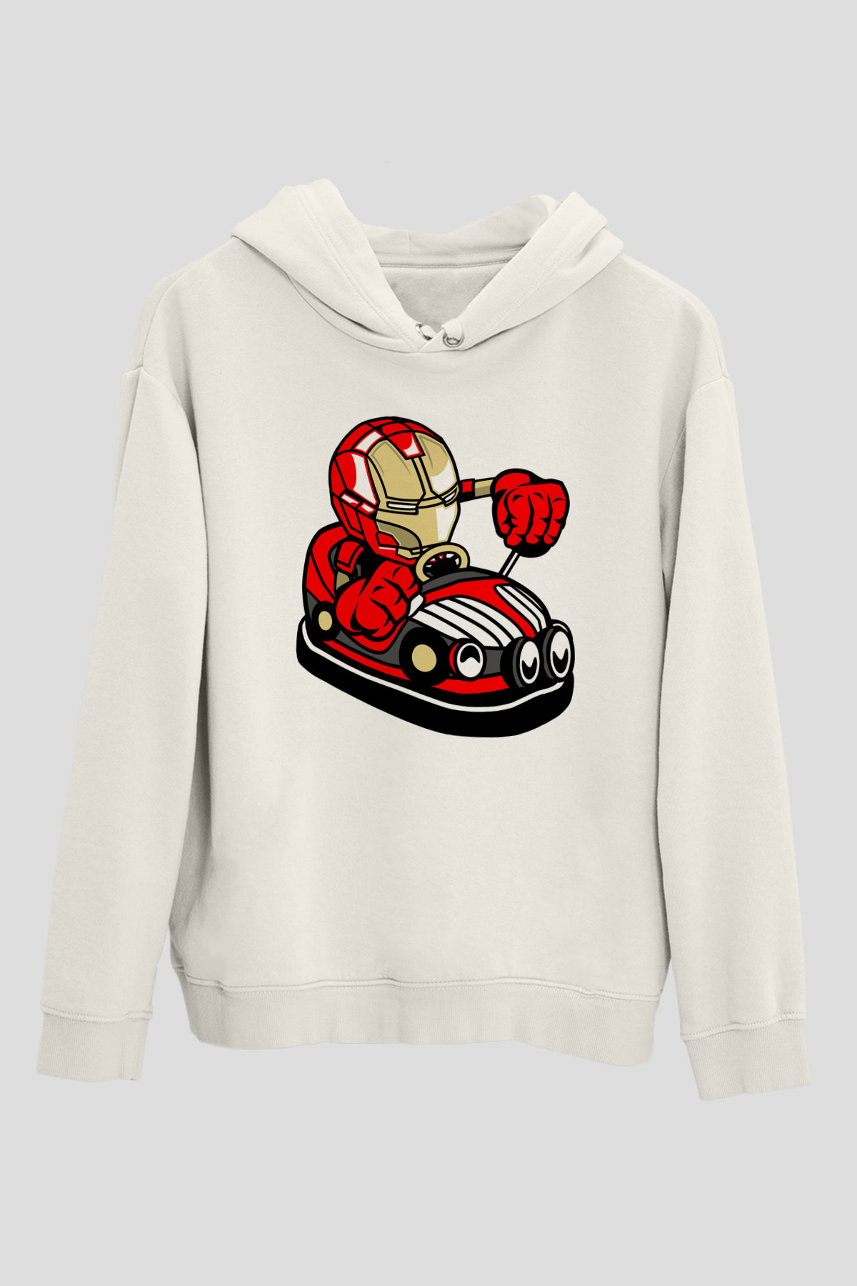 Iron Man Car Toy Baskılı Unisex Beyaz Hoodie