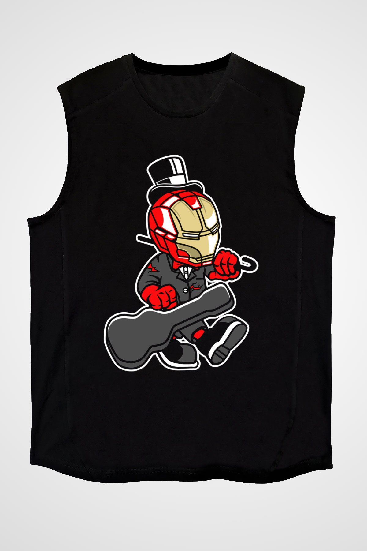 Iron Man Gentleman Baskılı Unisex Siyah Kolsuz Tişört