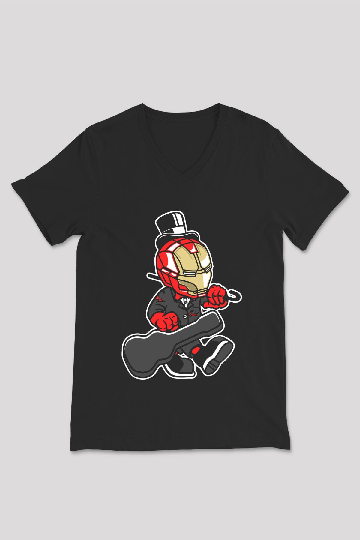 Iron Man Gentleman Baskılı Unisex Siyah V Yaka Tişört