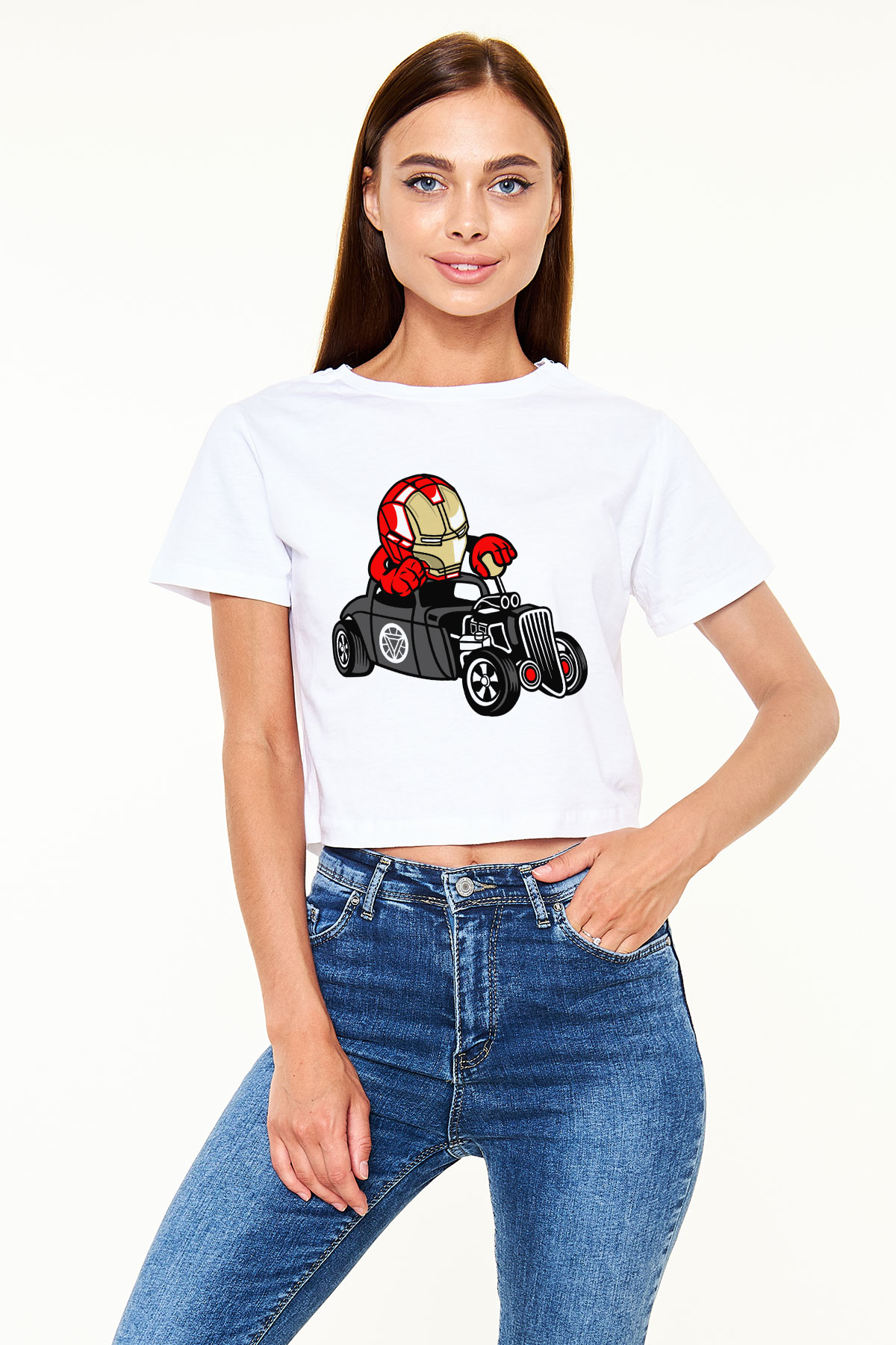 Iron Man Hotrod Baskılı Beyaz Kadın Crop Top Tişört