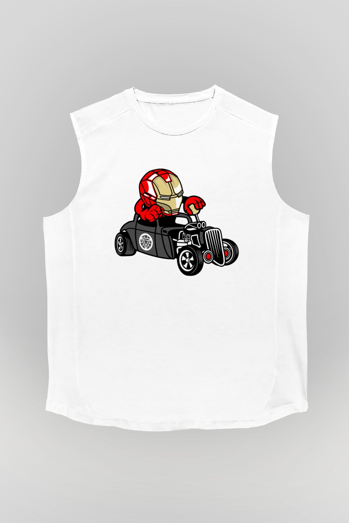 Iron Man Hotrod Baskılı Unisex Beyaz Kolsuz Tişört